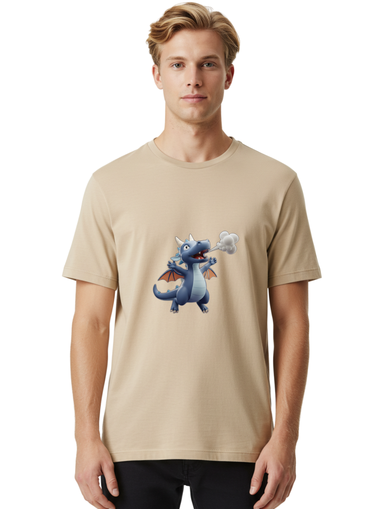 Dragon-Smoking Men'S Graphic Tee, 100% Cotton, Comfortable Casual Summer Wear, Machine Washable, Cartoon Dragon, Mythical Creature, Fantasy Character, Smoking, Adorable, Cute, Playful, Child-Friendly Graphics, Digital Art, Animated Dragon, Bae440