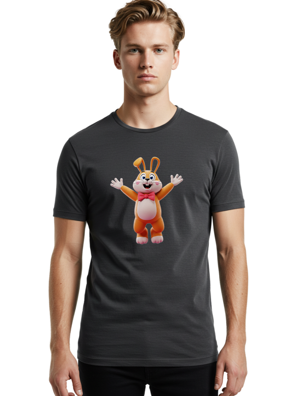 Easter-Bunny Men'S Graphic Tee, 100% Cotton, Comfortable Casual Summer Wear, Machine Washable, Cartoon Rabbit, Easter Bunny, Orange Bunny, Pink Bow Tie, White Gloves, Cute Character, 3D Illustration, Easter Theme, Spring Celebration Bae441