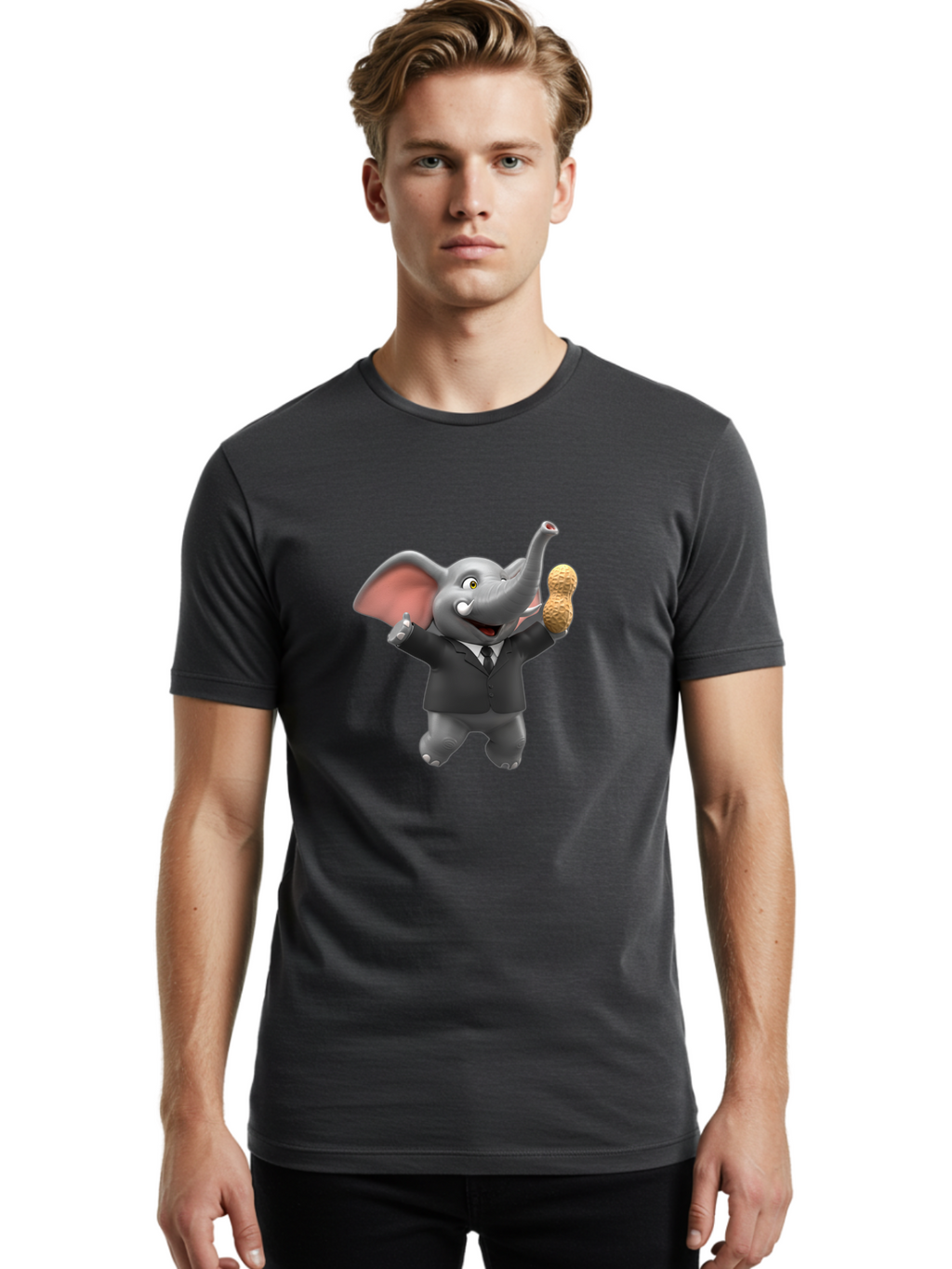 Elephant-In-Suit Men'S Graphic Tee, 100% Cotton, Comfortable Casual Summer Wear, Machine Washable, Elephant In Business Attire, Cartoon Character, Peanuts, Humorous Illustration, Comedic Design, Funny Animal Bae442