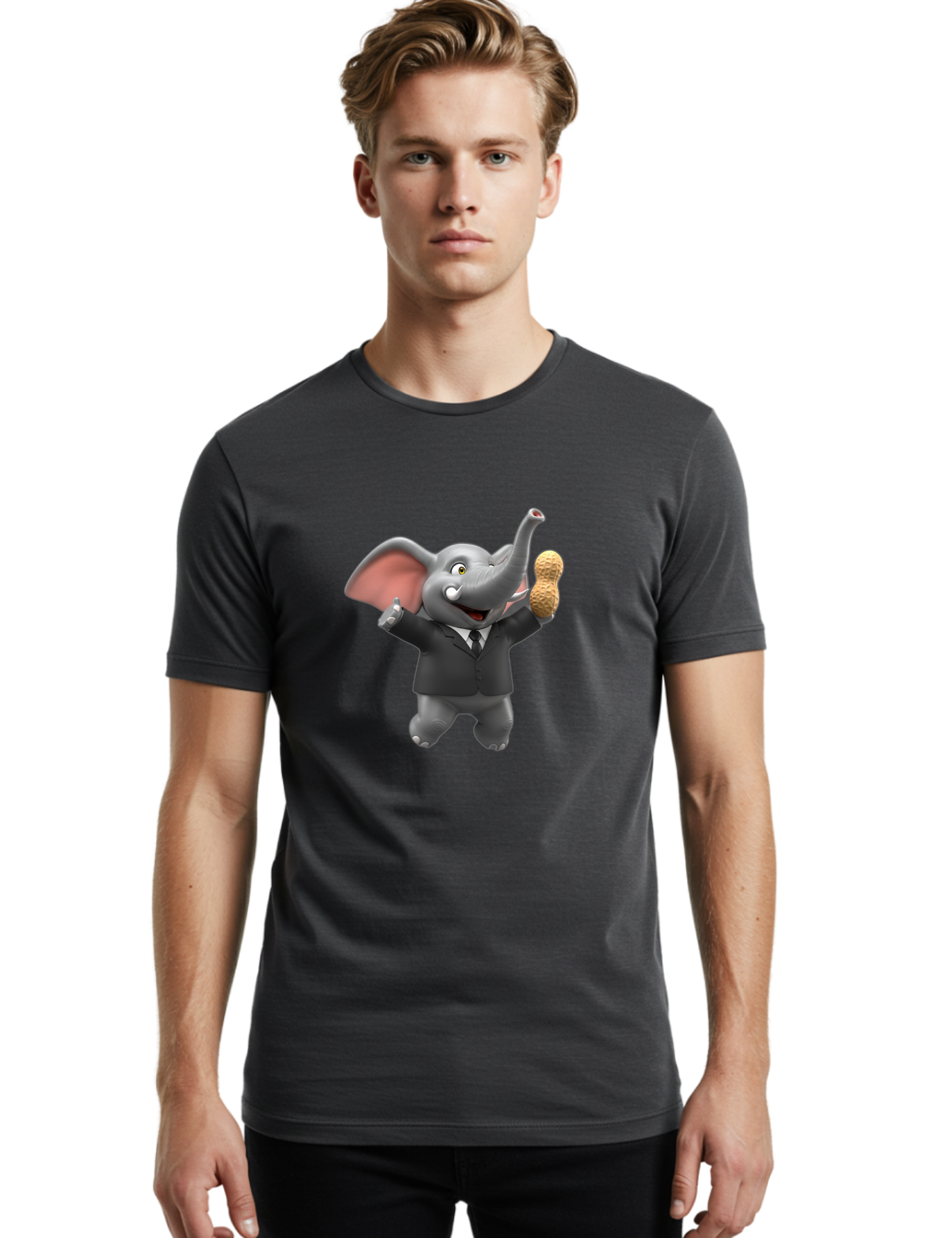 Elephant-In-Suit Men'S Graphic Tee, 100% Cotton, Comfortable Casual Summer Wear, Machine Washable, Elephant In Business Attire, Cartoon Character, Peanuts, Humorous Illustration, Comedic Design, Funny Animal Bae442