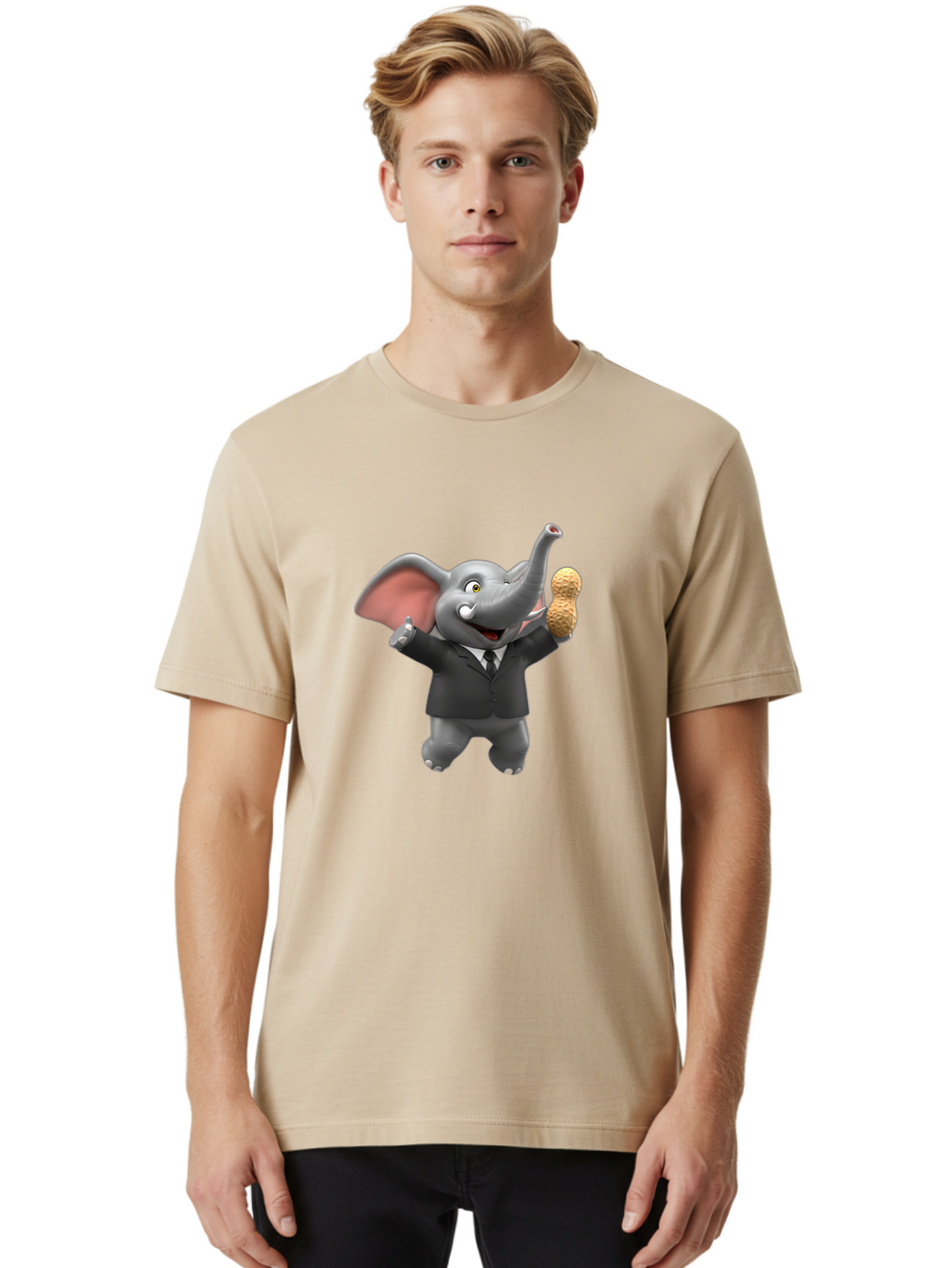 Elephant-In-Suit Men'S Graphic Tee, 100% Cotton, Comfortable Casual Summer Wear, Machine Washable, Elephant In Business Attire, Cartoon Character, Peanuts, Humorous Illustration, Comedic Design, Funny Animal Bae442
