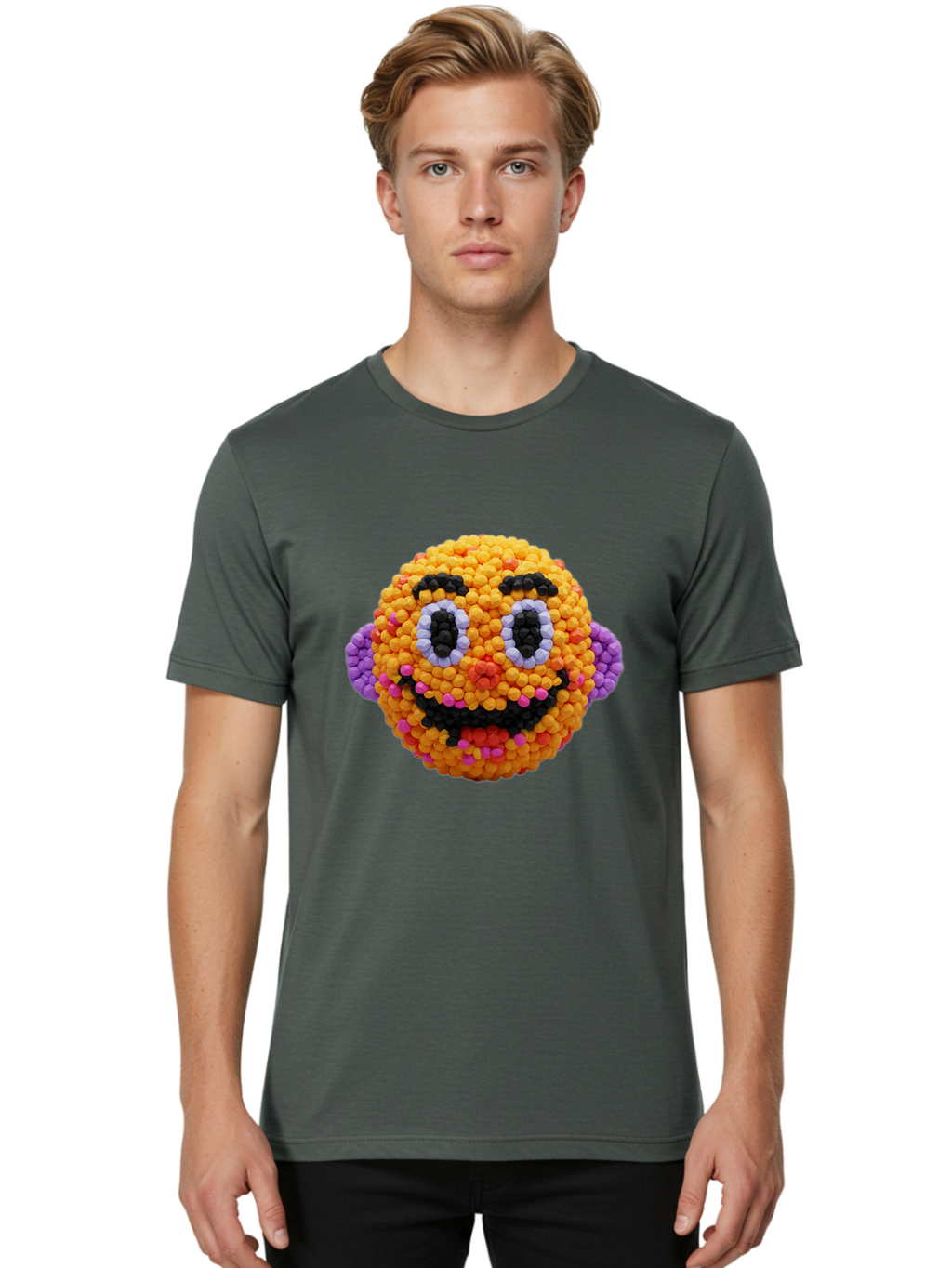 Ernie-Bead-Head Men'S Graphic Tee, 100% Cotton, Comfortable Casual Summer Wear, Machine Washable, Sesame Street Ernie, Bead Art, Colorful Character, Playful Design, Fun Toy, Creative Craft, 3D Art, Children'S Entertainment, Purple Ears, Bae443