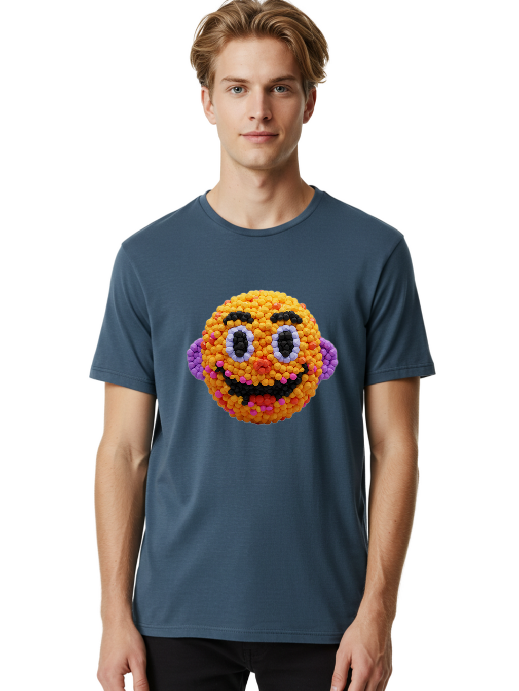 Ernie-Bead-Head Men'S Graphic Tee, 100% Cotton, Comfortable Casual Summer Wear, Machine Washable, Sesame Street Ernie, Bead Art, Colorful Character, Playful Design, Fun Toy, Creative Craft, 3D Art, Children'S Entertainment, Purple Ears, Bae443