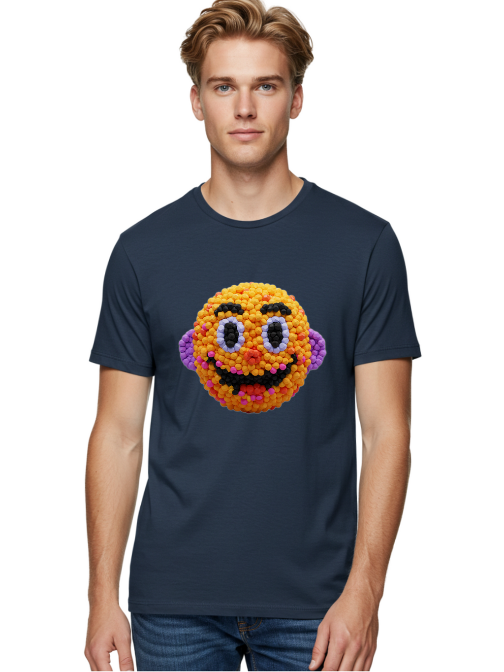 Ernie-Bead-Head Men'S Graphic Tee, 100% Cotton, Comfortable Casual Summer Wear, Machine Washable, Sesame Street Ernie, Bead Art, Colorful Character, Playful Design, Fun Toy, Creative Craft, 3D Art, Children'S Entertainment, Purple Ears, Bae443