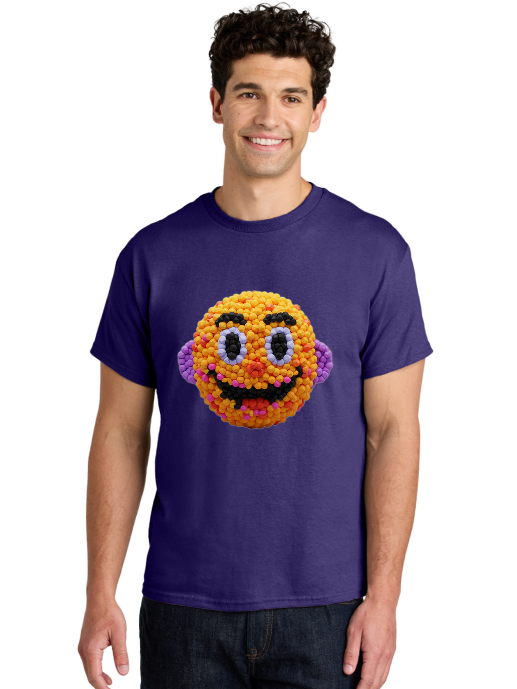 Ernie-Bead-Head Men'S Graphic Tee, 100% Cotton, Comfortable Casual Summer Wear, Machine Washable, Sesame Street Ernie, Bead Art, Colorful Character, Playful Design, Fun Toy, Creative Craft, 3D Art, Children'S Entertainment, Purple Ears, Bae443