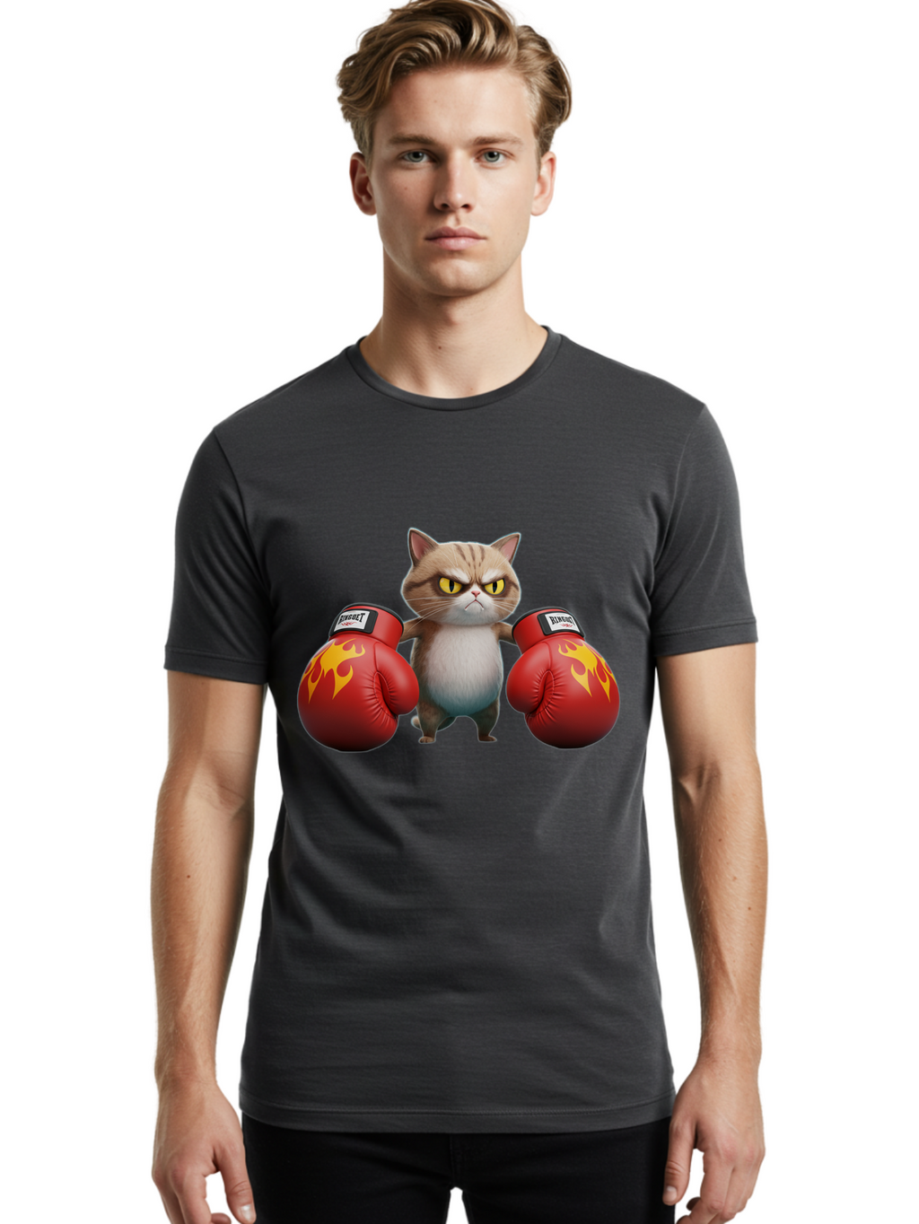 Expect-Cat-Boxer Men'S Graphic Tee, 100% Cotton, Comfortable Casual Summer Wear, Machine Washable, Aggressive Cat, Boxing Gloves, Fighting Cat, Expect Label, Feline Fighter, Cartoon Cat, Yellow Eyes, Red Gloves, Flame Design Bae444