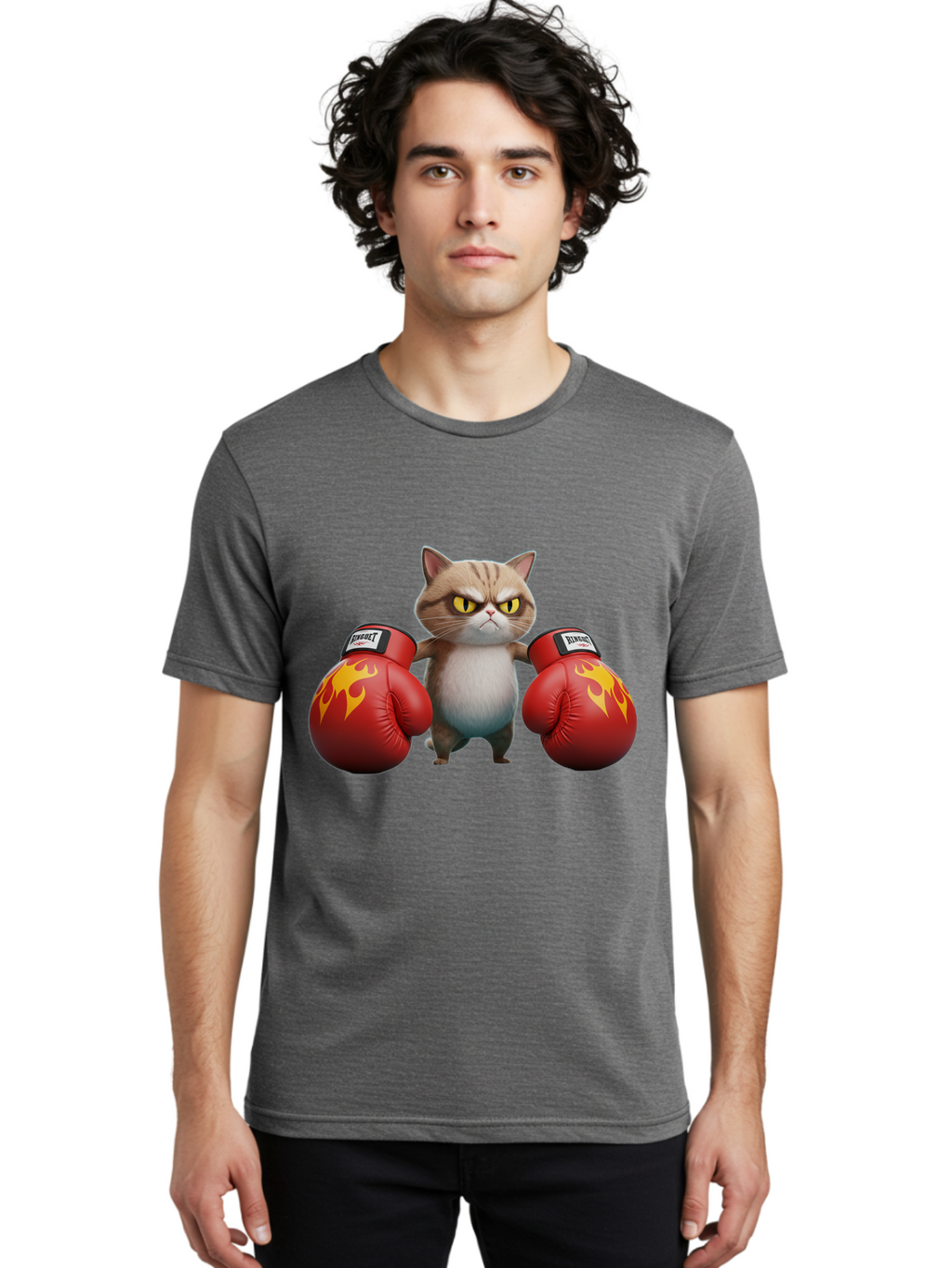 Expect-Cat-Boxer Men'S Graphic Tee, 100% Cotton, Comfortable Casual Summer Wear, Machine Washable, Aggressive Cat, Boxing Gloves, Fighting Cat, Expect Label, Feline Fighter, Cartoon Cat, Yellow Eyes, Red Gloves, Flame Design Bae444