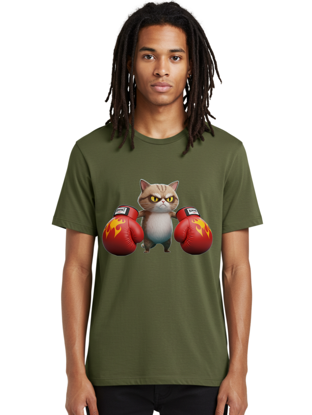 Expect-Cat-Boxer Men'S Graphic Tee, 100% Cotton, Comfortable Casual Summer Wear, Machine Washable, Aggressive Cat, Boxing Gloves, Fighting Cat, Expect Label, Feline Fighter, Cartoon Cat, Yellow Eyes, Red Gloves, Flame Design Bae444