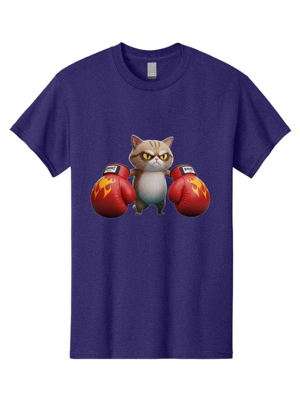 Expect-Cat-Boxer Men'S Graphic Tee, 100% Cotton, Comfortable Casual Summer Wear, Machine Washable, Aggressive Cat, Boxing Gloves, Fighting Cat, Expect Label, Feline Fighter, Cartoon Cat, Yellow Eyes, Red Gloves, Flame Design Bae444