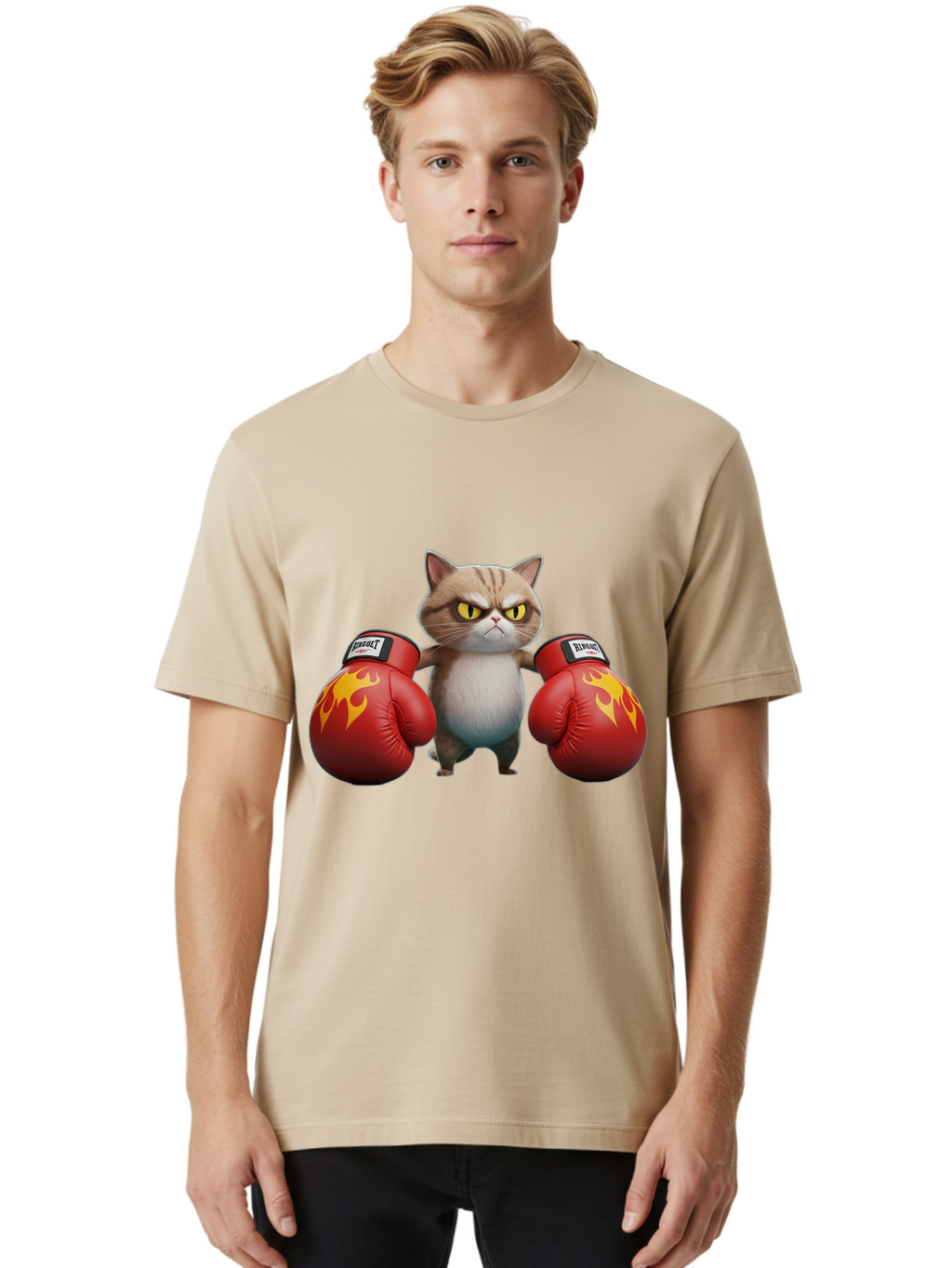 Expect-Cat-Boxer Men'S Graphic Tee, 100% Cotton, Comfortable Casual Summer Wear, Machine Washable, Aggressive Cat, Boxing Gloves, Fighting Cat, Expect Label, Feline Fighter, Cartoon Cat, Yellow Eyes, Red Gloves, Flame Design Bae444