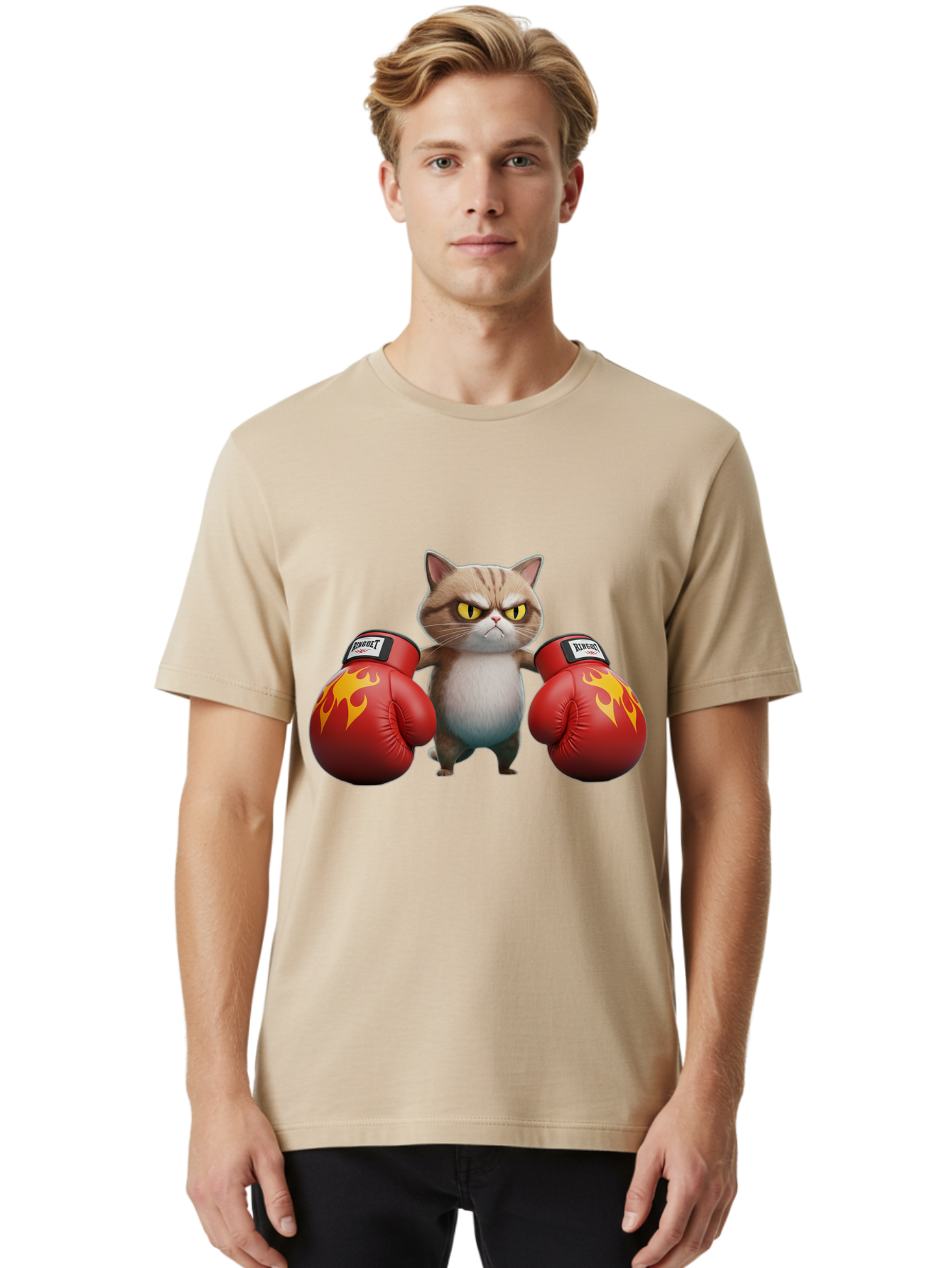 Expect-Cat-Boxer Men'S Graphic Tee, 100% Cotton, Comfortable Casual Summer Wear, Machine Washable, Aggressive Cat, Boxing Gloves, Fighting Cat, Expect Label, Feline Fighter, Cartoon Cat, Yellow Eyes, Red Gloves, Flame Design Bae444
