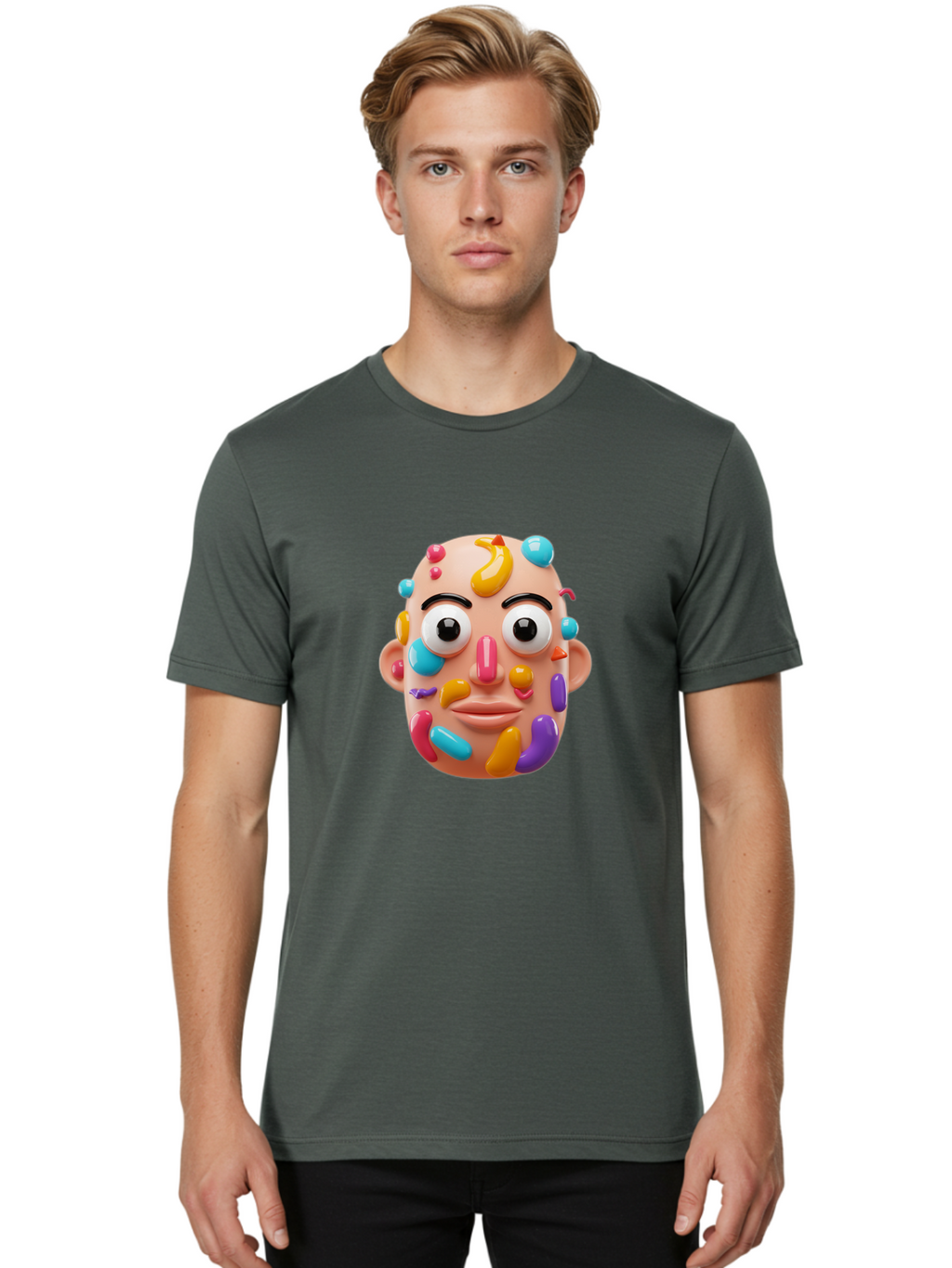 Face-With-Jelly-Beans Men'S Graphic Tee, 100% Cotton, Comfortable Casual Summer Wear, Machine Washable, Cartoon Head, Colorful Face, 3D Rendering, Vibrant Colors, Playful Design, Exaggerated Features, Creative Art, Digital Illustration, Bae445