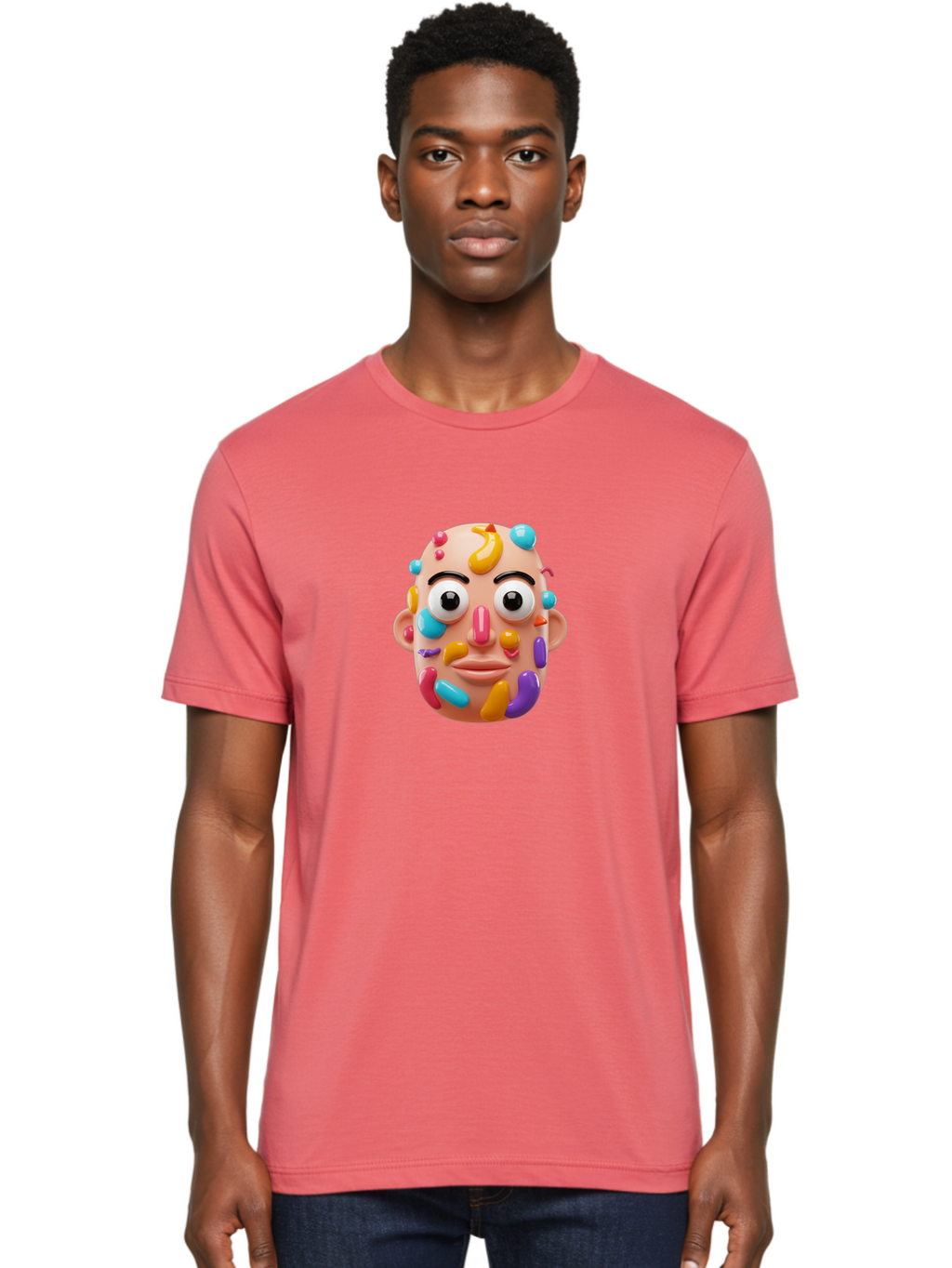 Face-With-Jelly-Beans Men'S Graphic Tee, 100% Cotton, Comfortable Casual Summer Wear, Machine Washable, Cartoon Head, Colorful Face, 3D Rendering, Vibrant Colors, Playful Design, Exaggerated Features, Creative Art, Digital Illustration, Bae445