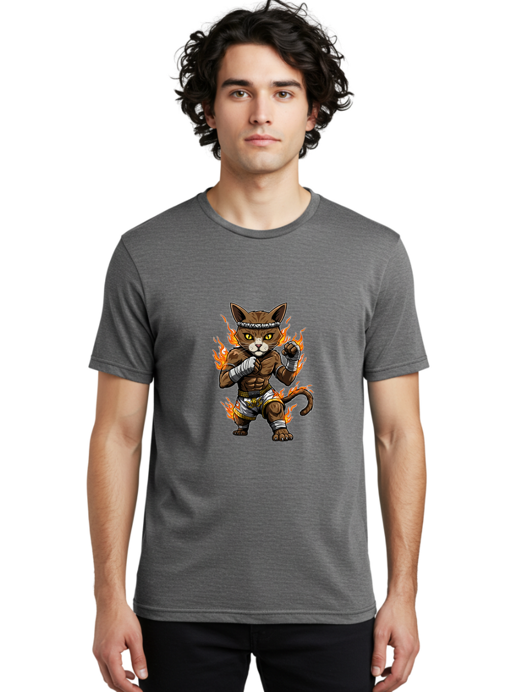 Fighter-Cat Men'S Graphic Tee, 100% Cotton, Comfortable Casual Summer Wear, Machine Washable, Cartoon Cat, Muay Thai Fighter, Martial Arts, Combat Sports, Fighting Stance, Boxing Gloves, Flames, Aggressive Posture, Anthropomorphic Cat, Bae446