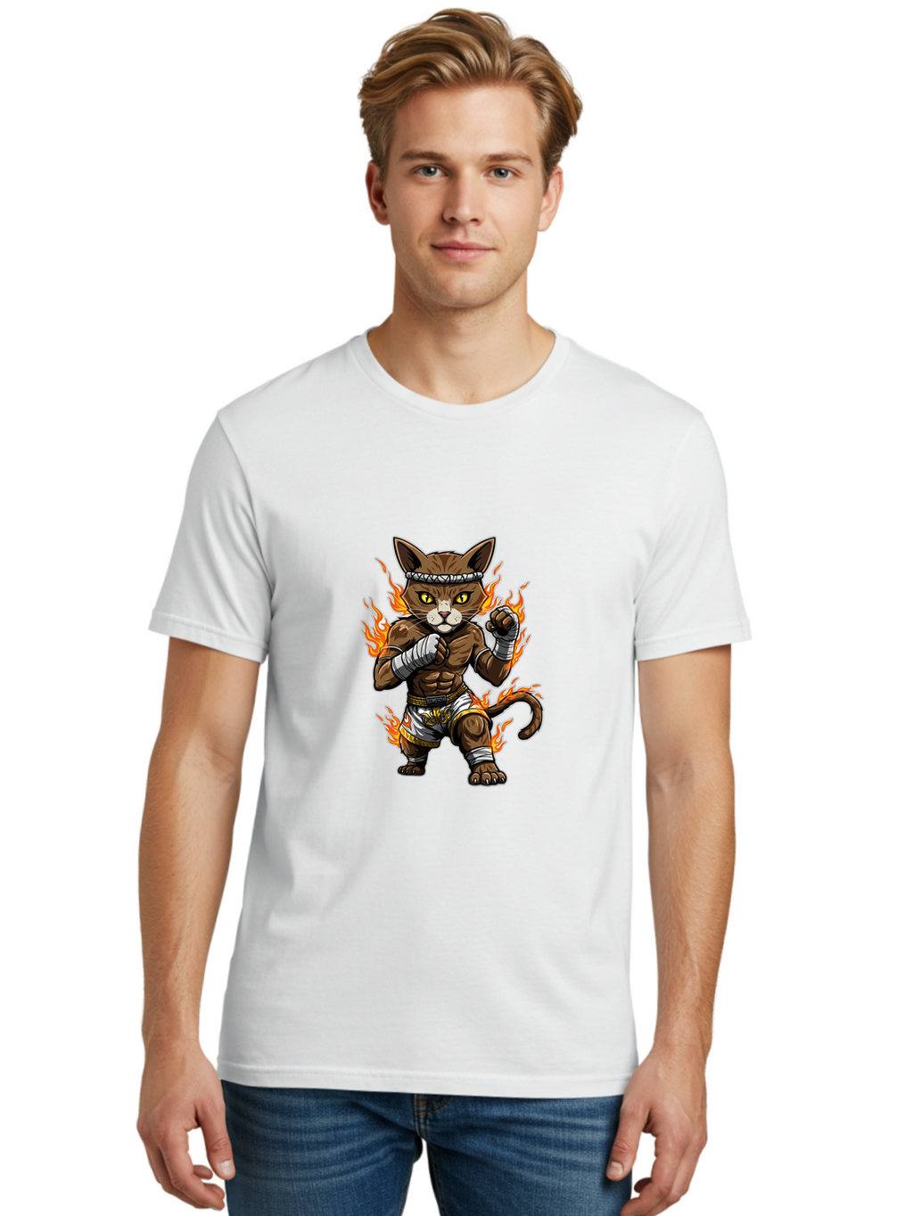Fighter-Cat Men'S Graphic Tee, 100% Cotton, Comfortable Casual Summer Wear, Machine Washable, Cartoon Cat, Muay Thai Fighter, Martial Arts, Combat Sports, Fighting Stance, Boxing Gloves, Flames, Aggressive Posture, Anthropomorphic Cat, Bae446