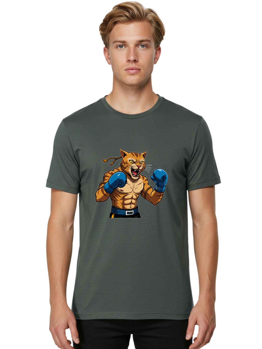 Fighting-Cat Men'S Graphic Tee, 100% Cotton, Comfortable Casual Summer Wear, Machine Washable, Muscular Cat, Boxing Gloves, Anime Style, Aggressive Stance, Fighting Cat, Cartoon Character, Strong Cat, Determined Expression, Braided Hair, Bae447