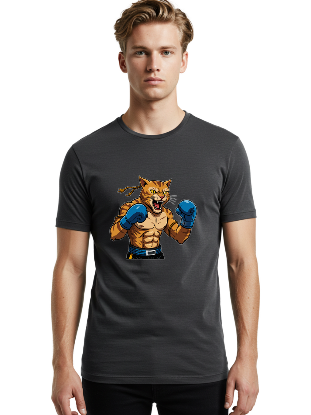Fighting-Cat Men'S Graphic Tee, 100% Cotton, Comfortable Casual Summer Wear, Machine Washable, Muscular Cat, Boxing Gloves, Anime Style, Aggressive Stance, Fighting Cat, Cartoon Character, Strong Cat, Determined Expression, Braided Hair, Bae447