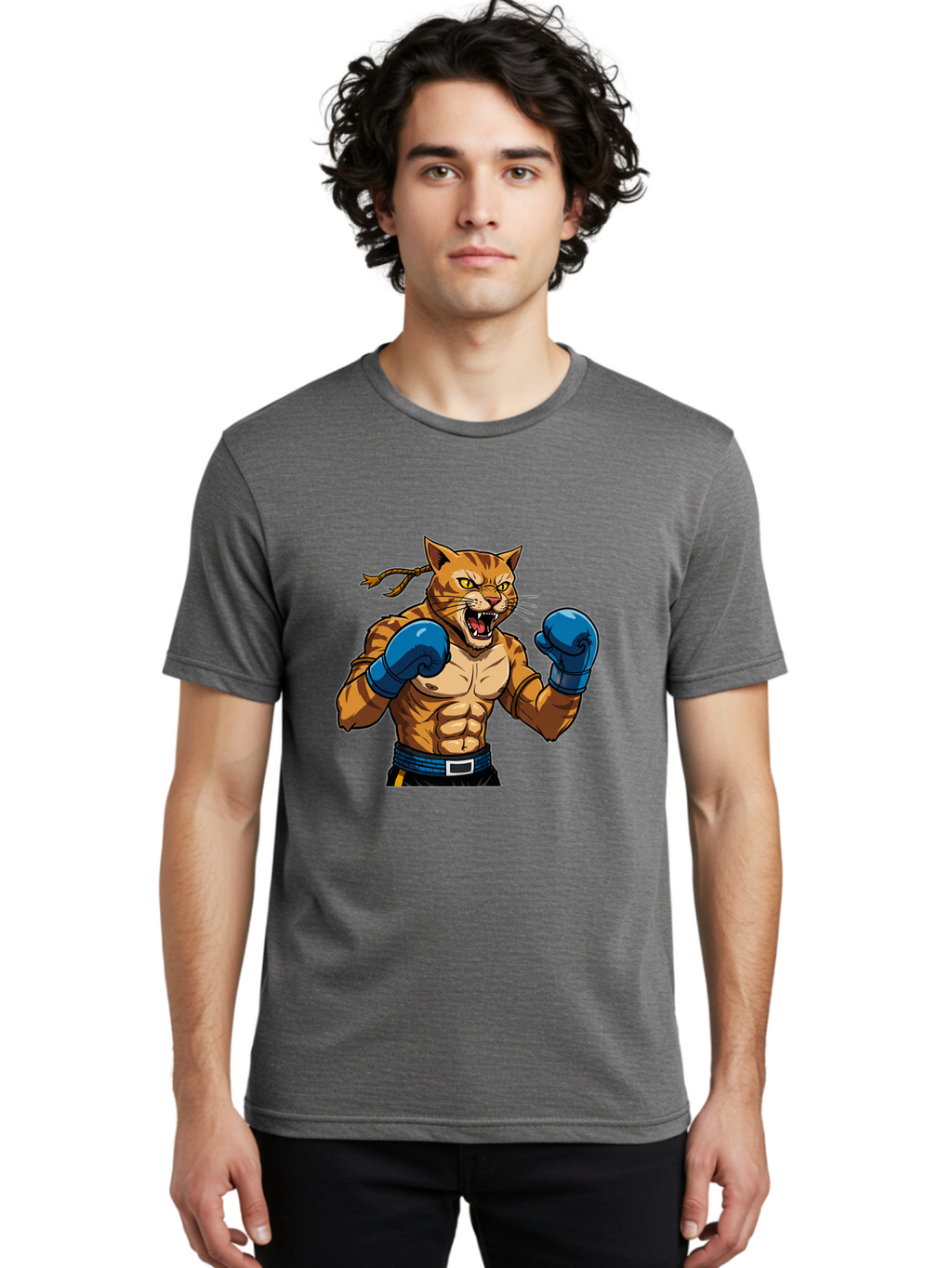 Fighting-Cat Men'S Graphic Tee, 100% Cotton, Comfortable Casual Summer Wear, Machine Washable, Muscular Cat, Boxing Gloves, Anime Style, Aggressive Stance, Fighting Cat, Cartoon Character, Strong Cat, Determined Expression, Braided Hair, Bae447