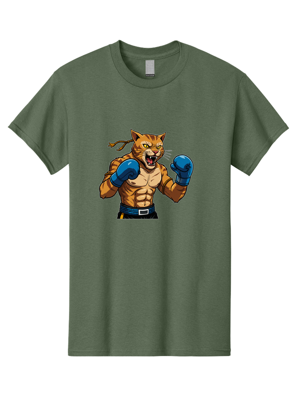 Fighting-Cat Men'S Graphic Tee, 100% Cotton, Comfortable Casual Summer Wear, Machine Washable, Muscular Cat, Boxing Gloves, Anime Style, Aggressive Stance, Fighting Cat, Cartoon Character, Strong Cat, Determined Expression, Braided Hair, Bae447