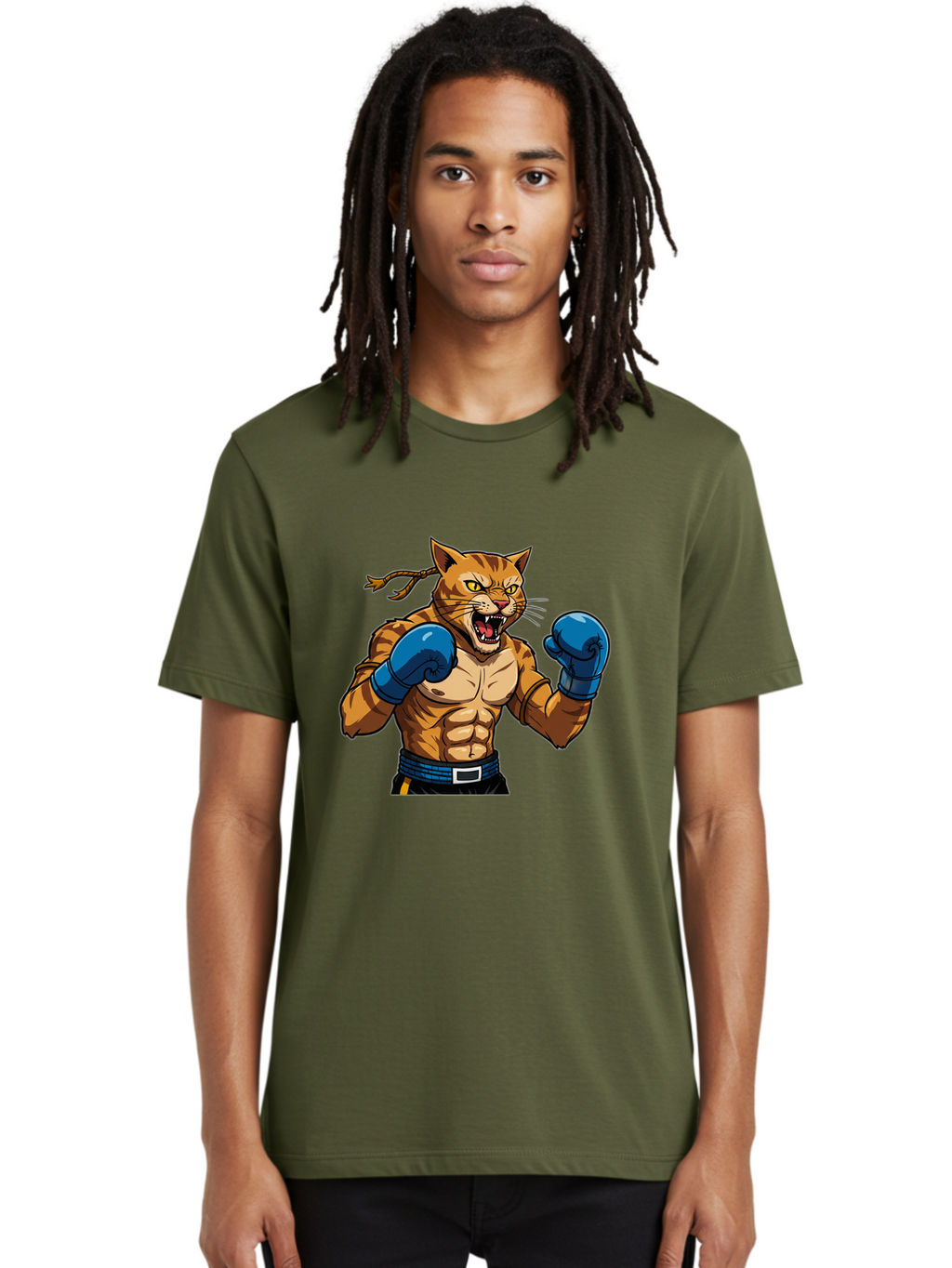 Fighting-Cat Men'S Graphic Tee, 100% Cotton, Comfortable Casual Summer Wear, Machine Washable, Muscular Cat, Boxing Gloves, Anime Style, Aggressive Stance, Fighting Cat, Cartoon Character, Strong Cat, Determined Expression, Braided Hair, Bae447