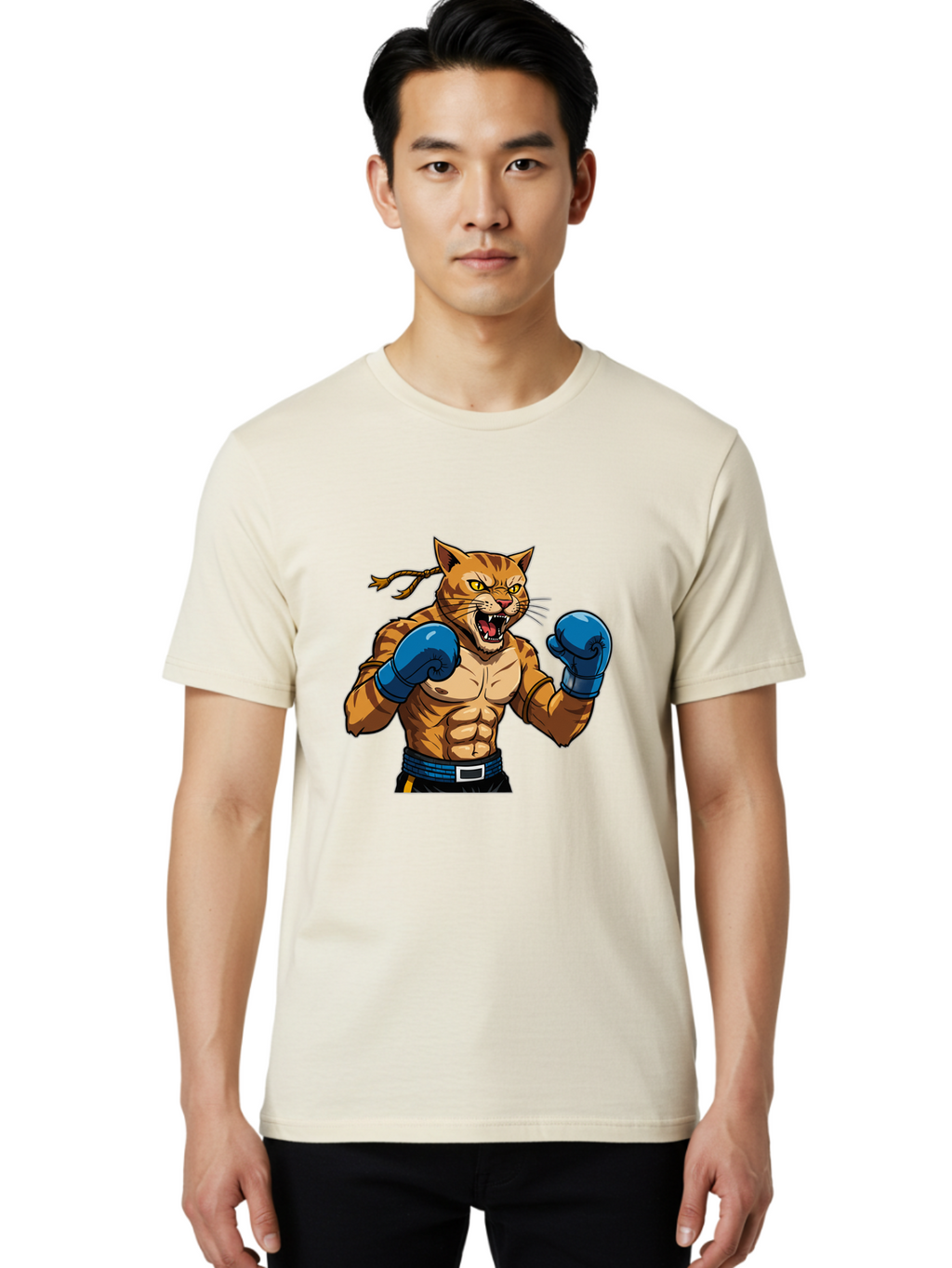 Fighting-Cat Men'S Graphic Tee, 100% Cotton, Comfortable Casual Summer Wear, Machine Washable, Muscular Cat, Boxing Gloves, Anime Style, Aggressive Stance, Fighting Cat, Cartoon Character, Strong Cat, Determined Expression, Braided Hair, Bae447