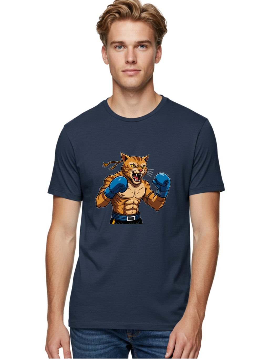 Fighting-Cat Men'S Graphic Tee, 100% Cotton, Comfortable Casual Summer Wear, Machine Washable, Muscular Cat, Boxing Gloves, Anime Style, Aggressive Stance, Fighting Cat, Cartoon Character, Strong Cat, Determined Expression, Braided Hair, Bae447