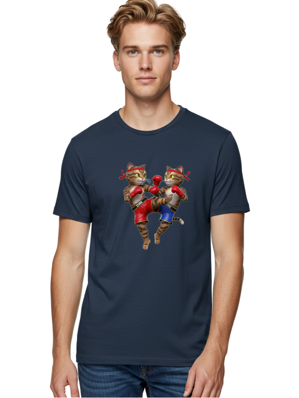 Fighting-Cats Men'S Graphic Tee, 100% Cotton, Comfortable Casual Summer Wear, Machine Washable, Cartoon Cats Boxing, Martial Arts Fight, Red And Blue Boxing Shorts, Red Boxing Gloves, Kofre Brand, Fighting Cats, Cartoon Characters, Bae448
