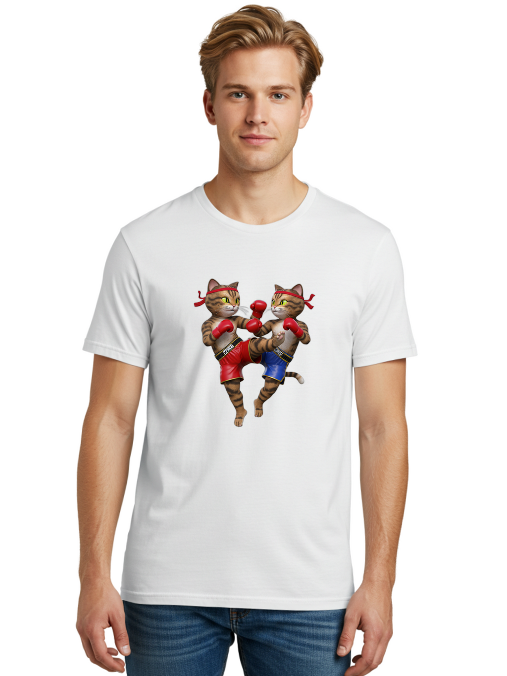Fighting-Cats Men'S Graphic Tee, 100% Cotton, Comfortable Casual Summer Wear, Machine Washable, Cartoon Cats Boxing, Martial Arts Fight, Red And Blue Boxing Shorts, Red Boxing Gloves, Kofre Brand, Fighting Cats, Cartoon Characters, Bae448