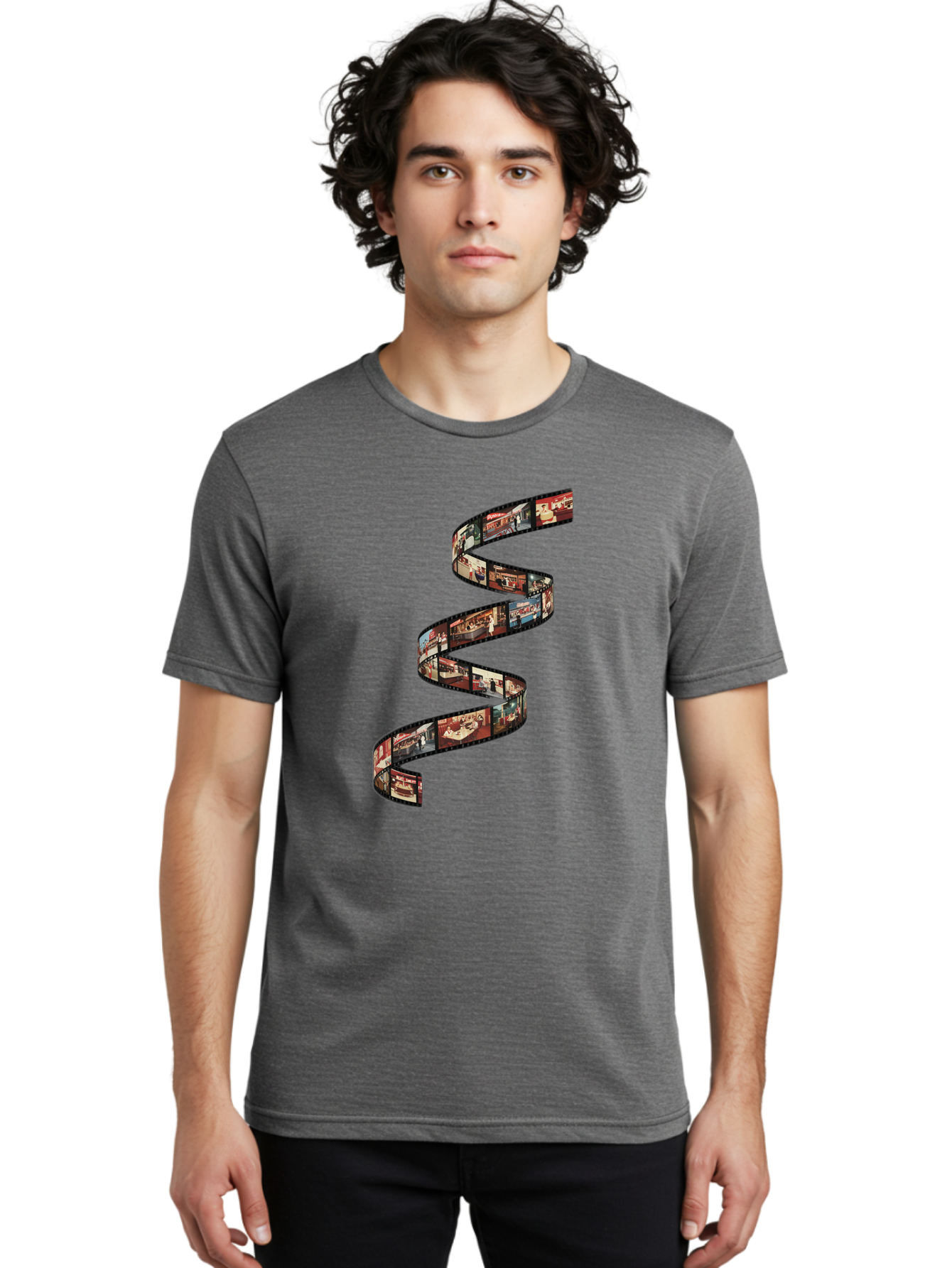 Film-Strip Men'S Graphic Tee, 100% Cotton, Comfortable Casual Summer Wear, Machine Washable, Film Strip With Images Of Buildings, Movie Scenes, Cinematic Scenes, Photography, Creative Graphics, Abstract Art, Film Reel, Nostalgic Vibe Bae449