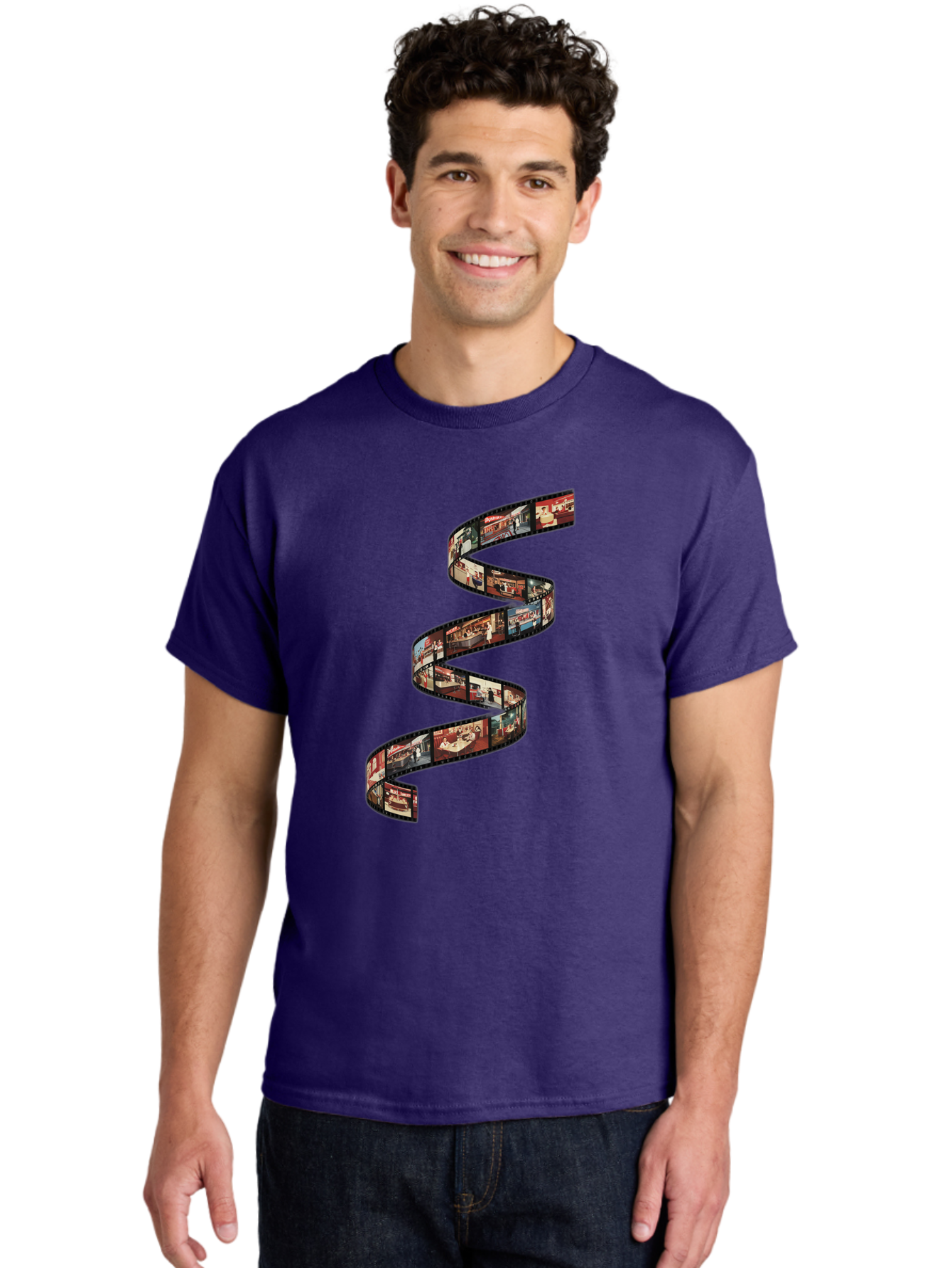 Film-Strip Men'S Graphic Tee, 100% Cotton, Comfortable Casual Summer Wear, Machine Washable, Film Strip With Images Of Buildings, Movie Scenes, Cinematic Scenes, Photography, Creative Graphics, Abstract Art, Film Reel, Nostalgic Vibe Bae449