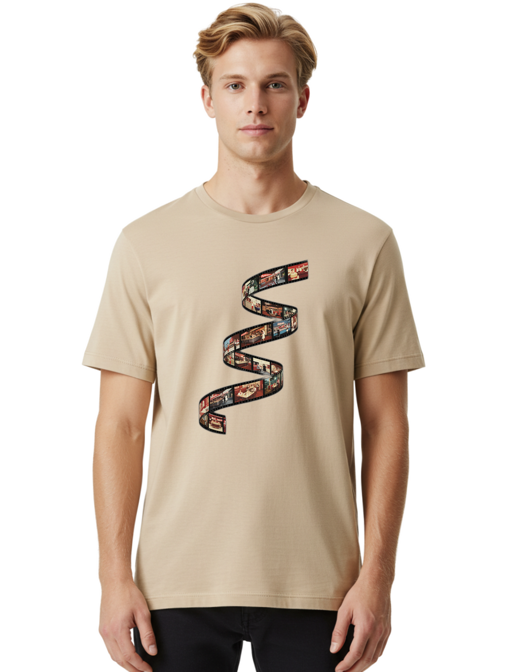 Film-Strip Men'S Graphic Tee, 100% Cotton, Comfortable Casual Summer Wear, Machine Washable, Film Strip With Images Of Buildings, Movie Scenes, Cinematic Scenes, Photography, Creative Graphics, Abstract Art, Film Reel, Nostalgic Vibe Bae449