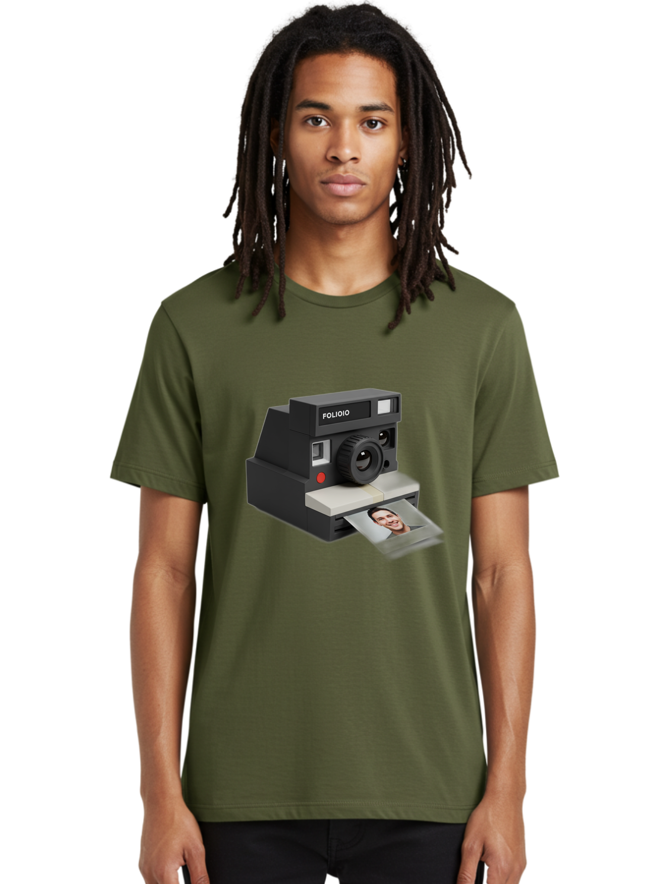 Folioio-Polaroid-Camera Men'S Graphic Tee, 100% Cotton, Comfortable Casual Summer Wear, Machine Washable, Instant Camera, Folioio Brand, Printing Photo, Smiling Woman, Instant Photography, Retro Style, Digital Print, Camera Technology Bae452