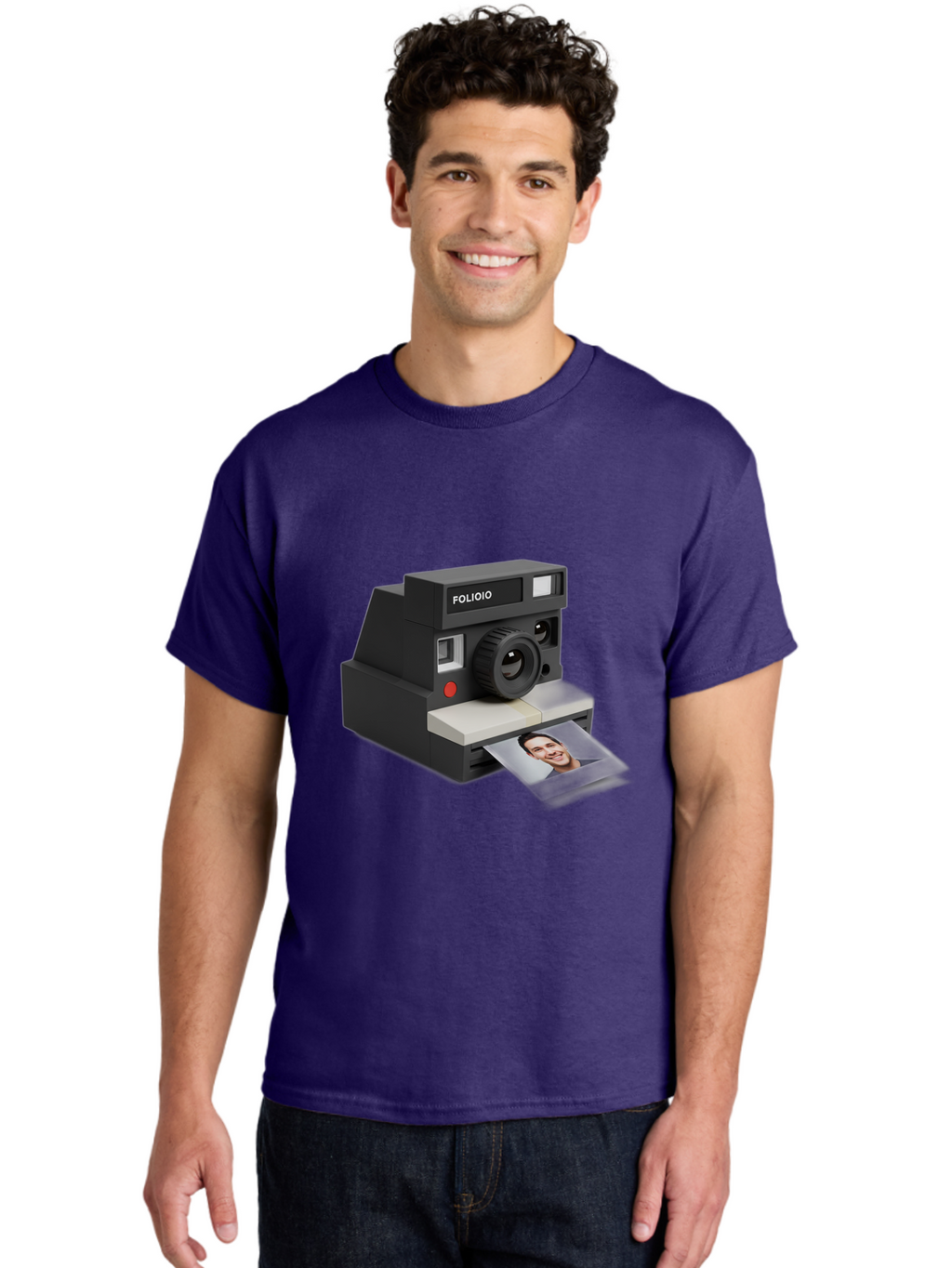 Folioio-Polaroid-Camera Men'S Graphic Tee, 100% Cotton, Comfortable Casual Summer Wear, Machine Washable, Instant Camera, Folioio Brand, Printing Photo, Smiling Woman, Instant Photography, Retro Style, Digital Print, Camera Technology Bae452
