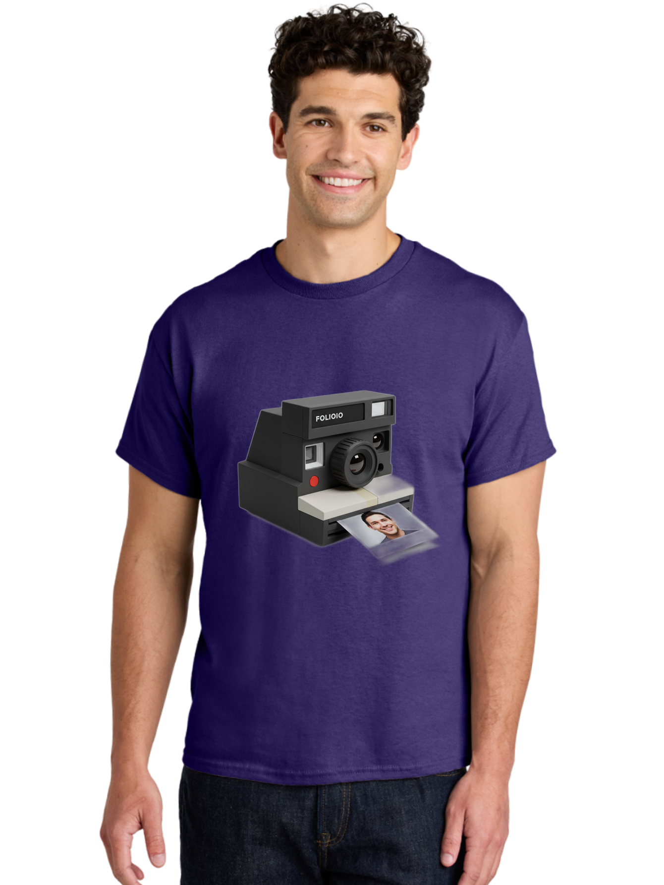 Folioio-Polaroid-Camera Men'S Graphic Tee, 100% Cotton, Comfortable Casual Summer Wear, Machine Washable, Instant Camera, Folioio Brand, Printing Photo, Smiling Woman, Instant Photography, Retro Style, Digital Print, Camera Technology Bae452