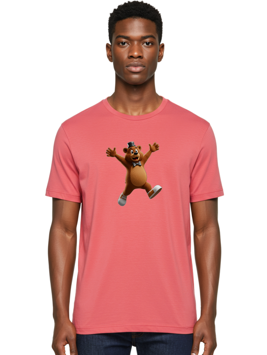 Freddy-Fazbear Men'S Graphic Tee, 100% Cotton, Comfortable Casual Summer Wear, Machine Washable, Cartoon Bear, Dancing Bear, Top Hat, Bow Tie, White Shoes, Playful Expression, Energetic Pose, Animated Character, 3D Rendering, Fun, Lively, Bae453