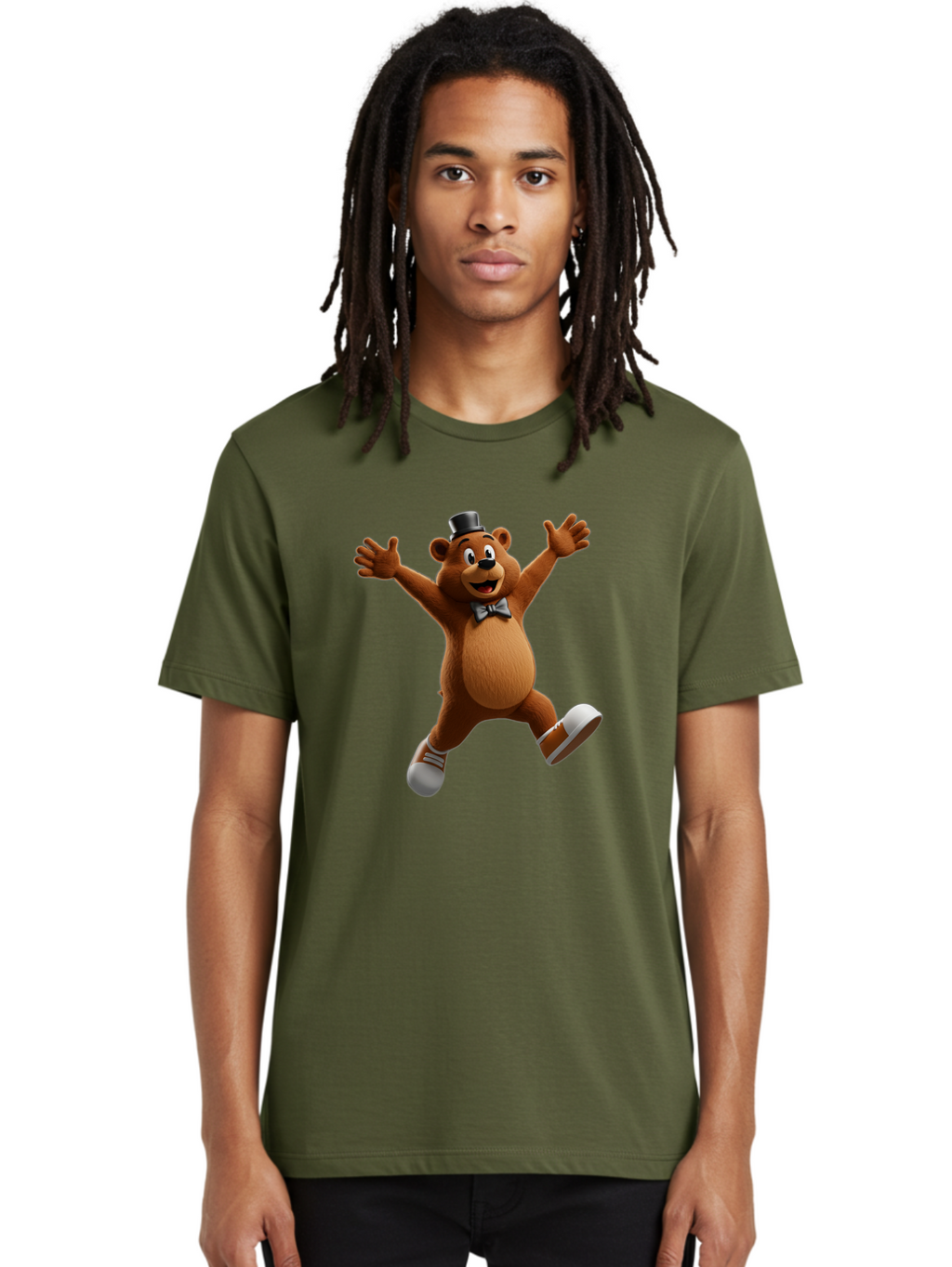 Freddy-Fazbear Men'S Graphic Tee, 100% Cotton, Comfortable Casual Summer Wear, Machine Washable, Cartoon Bear, Dancing Bear, Top Hat, Bow Tie, White Shoes, Playful Expression, Energetic Pose, Animated Character, 3D Rendering, Fun, Lively, Bae453
