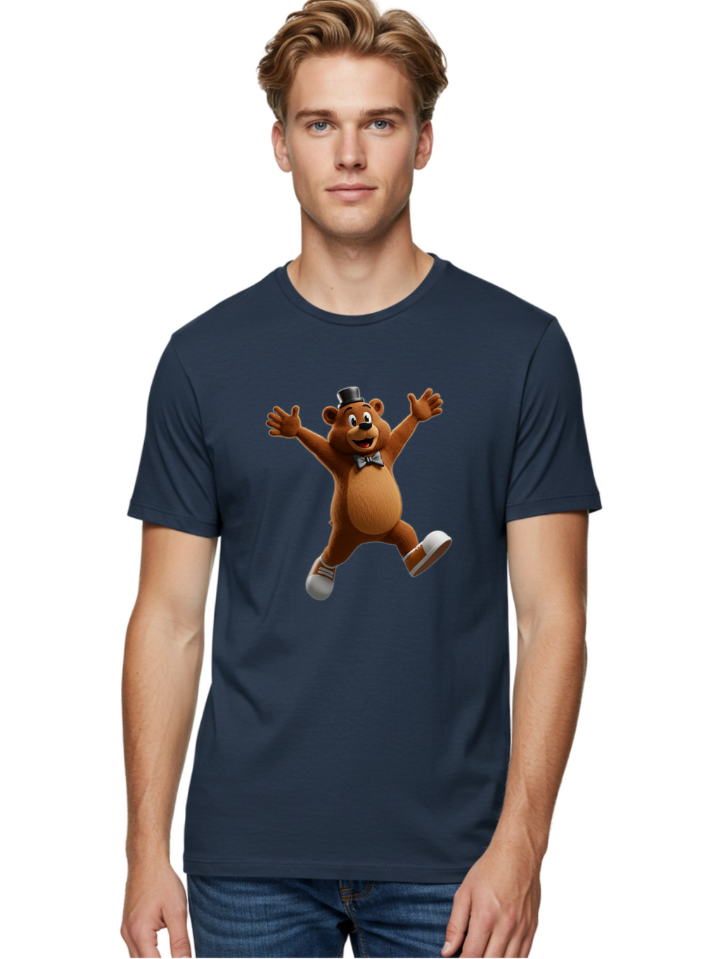 Freddy-Fazbear Men'S Graphic Tee, 100% Cotton, Comfortable Casual Summer Wear, Machine Washable, Cartoon Bear, Dancing Bear, Top Hat, Bow Tie, White Shoes, Playful Expression, Energetic Pose, Animated Character, 3D Rendering, Fun, Lively, Bae453