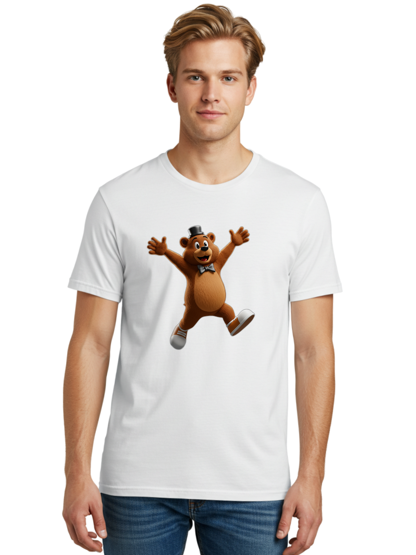 Freddy-Fazbear Men'S Graphic Tee, 100% Cotton, Comfortable Casual Summer Wear, Machine Washable, Cartoon Bear, Dancing Bear, Top Hat, Bow Tie, White Shoes, Playful Expression, Energetic Pose, Animated Character, 3D Rendering, Fun, Lively, Bae453