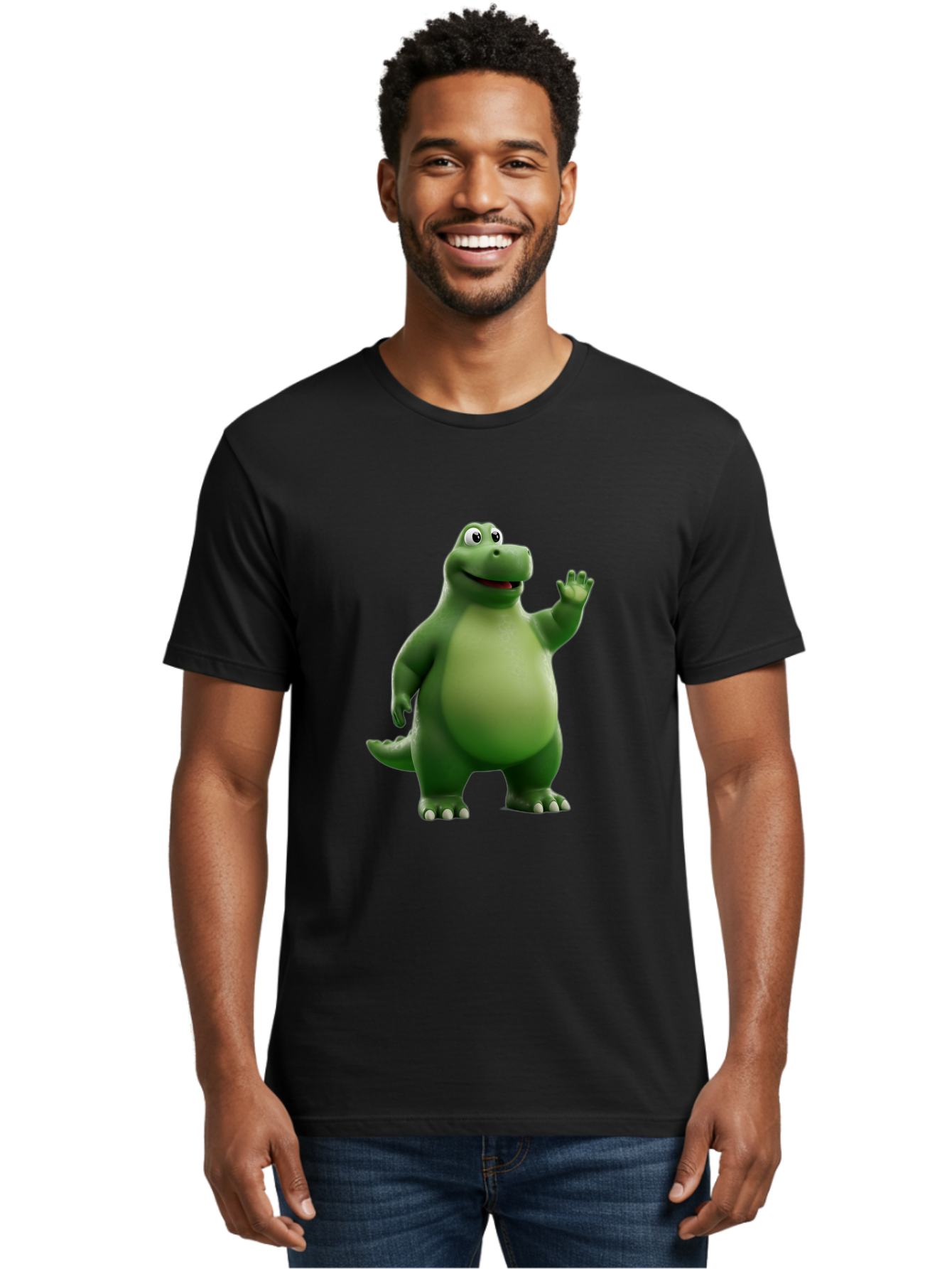 Friendly-Dinosaur Men'S Graphic Tee, 100% Cotton, Comfortable Casual Summer Wear, Machine Washable, Cartoon Dinosaur, Green Dinosaur Character, Friendly Dino, Animated Creature, Dinosaur Waving, Kids Cartoon Character, Dinosaur Illustration, Bae454