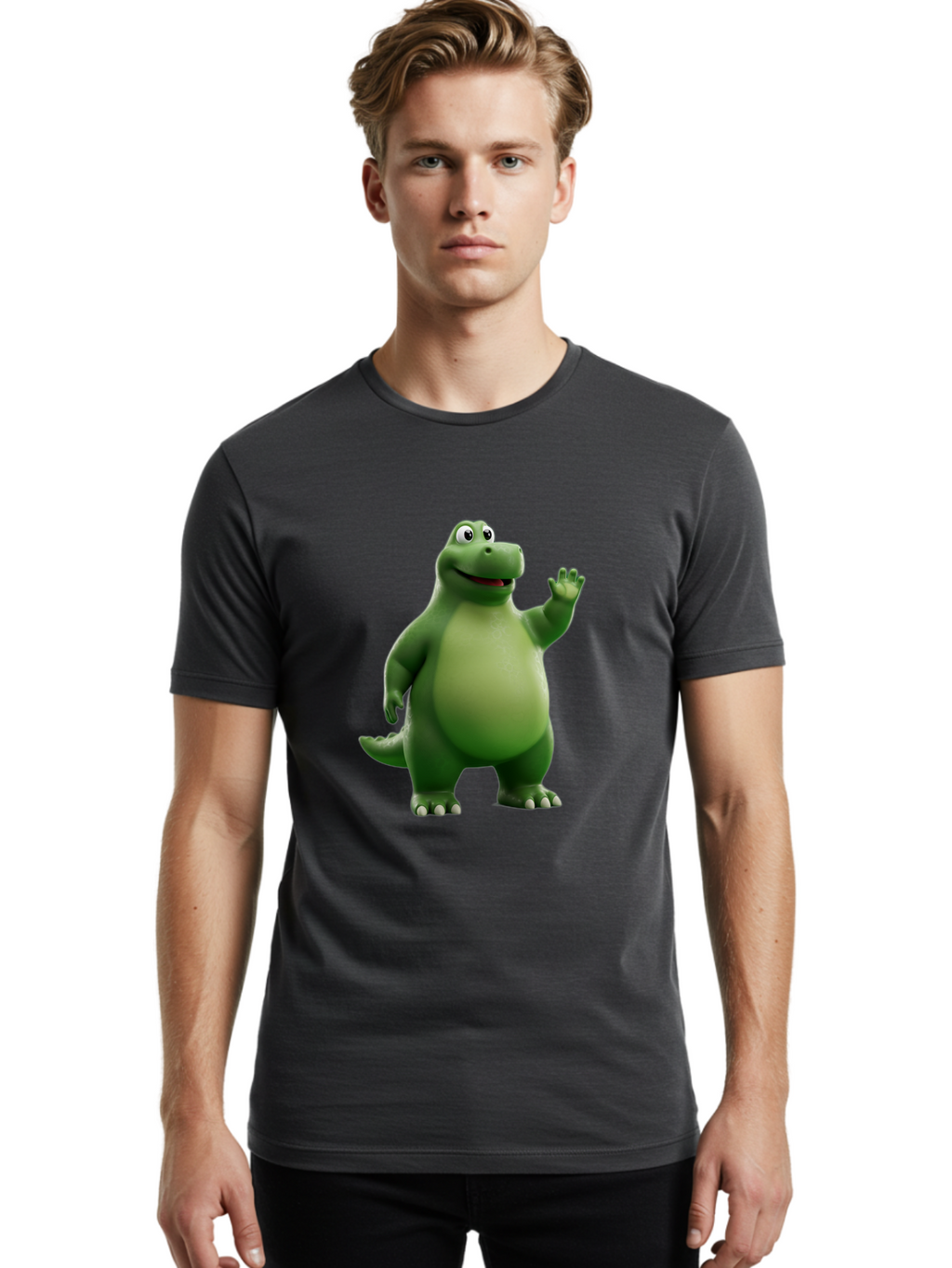 Friendly-Dinosaur Men'S Graphic Tee, 100% Cotton, Comfortable Casual Summer Wear, Machine Washable, Cartoon Dinosaur, Green Dinosaur Character, Friendly Dino, Animated Creature, Dinosaur Waving, Kids Cartoon Character, Dinosaur Illustration, Bae454