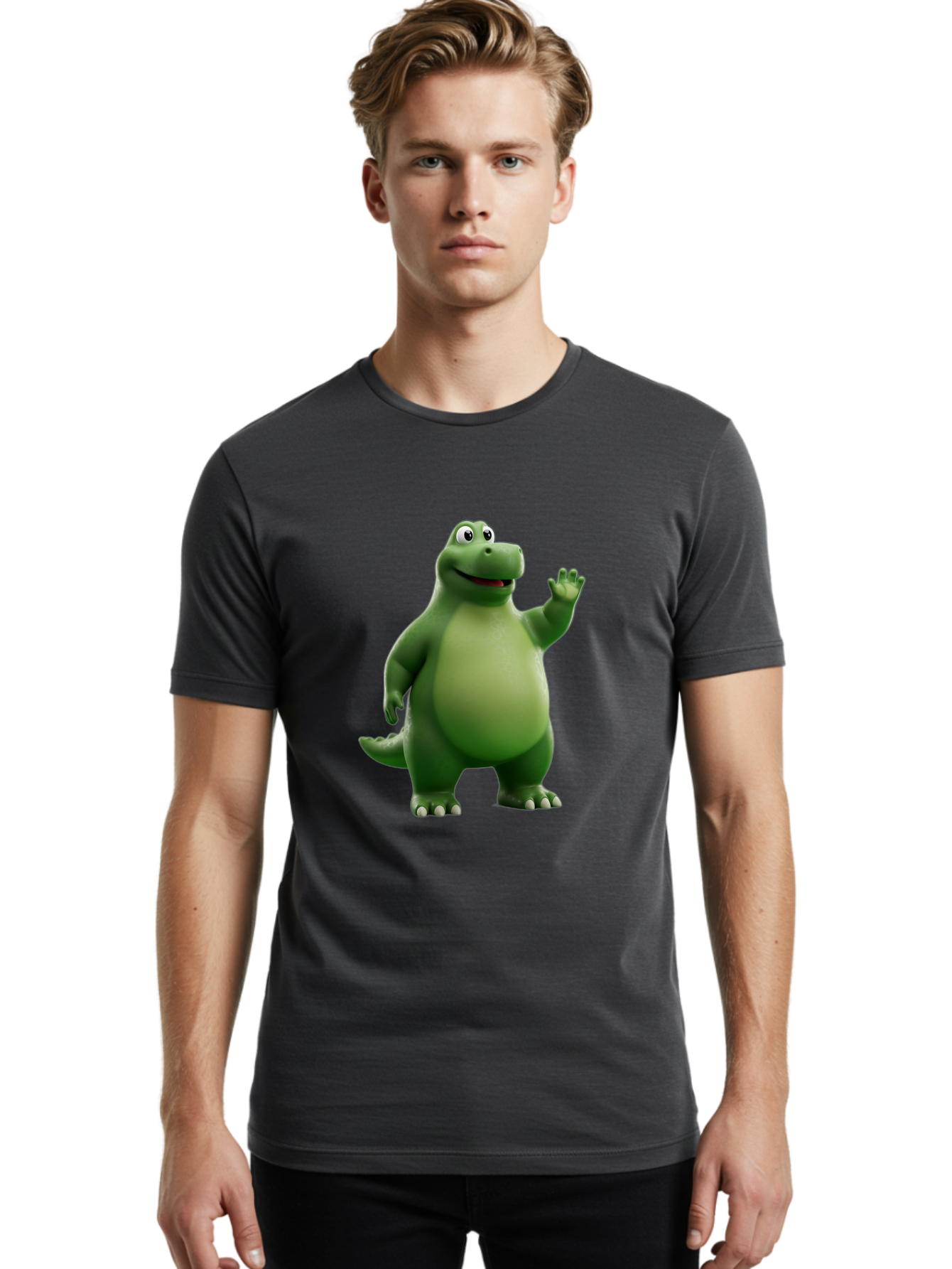 Friendly-Dinosaur Men'S Graphic Tee, 100% Cotton, Comfortable Casual Summer Wear, Machine Washable, Cartoon Dinosaur, Green Dinosaur Character, Friendly Dino, Animated Creature, Dinosaur Waving, Kids Cartoon Character, Dinosaur Illustration, Bae454