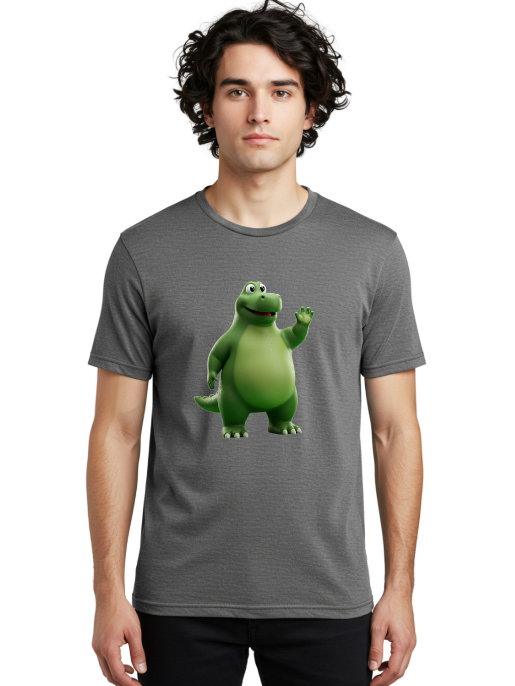 Friendly-Dinosaur Men'S Graphic Tee, 100% Cotton, Comfortable Casual Summer Wear, Machine Washable, Cartoon Dinosaur, Green Dinosaur Character, Friendly Dino, Animated Creature, Dinosaur Waving, Kids Cartoon Character, Dinosaur Illustration, Bae454