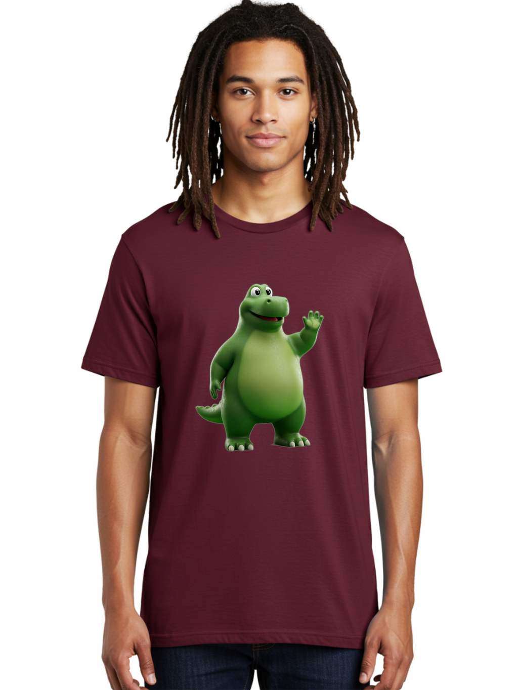 Friendly-Dinosaur Men'S Graphic Tee, 100% Cotton, Comfortable Casual Summer Wear, Machine Washable, Cartoon Dinosaur, Green Dinosaur Character, Friendly Dino, Animated Creature, Dinosaur Waving, Kids Cartoon Character, Dinosaur Illustration, Bae454