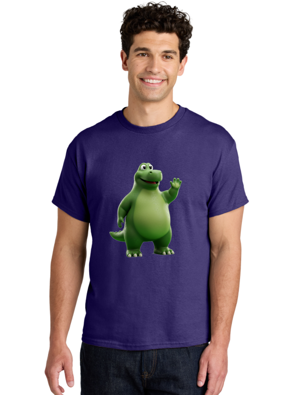 Friendly-Dinosaur Men'S Graphic Tee, 100% Cotton, Comfortable Casual Summer Wear, Machine Washable, Cartoon Dinosaur, Green Dinosaur Character, Friendly Dino, Animated Creature, Dinosaur Waving, Kids Cartoon Character, Dinosaur Illustration, Bae454