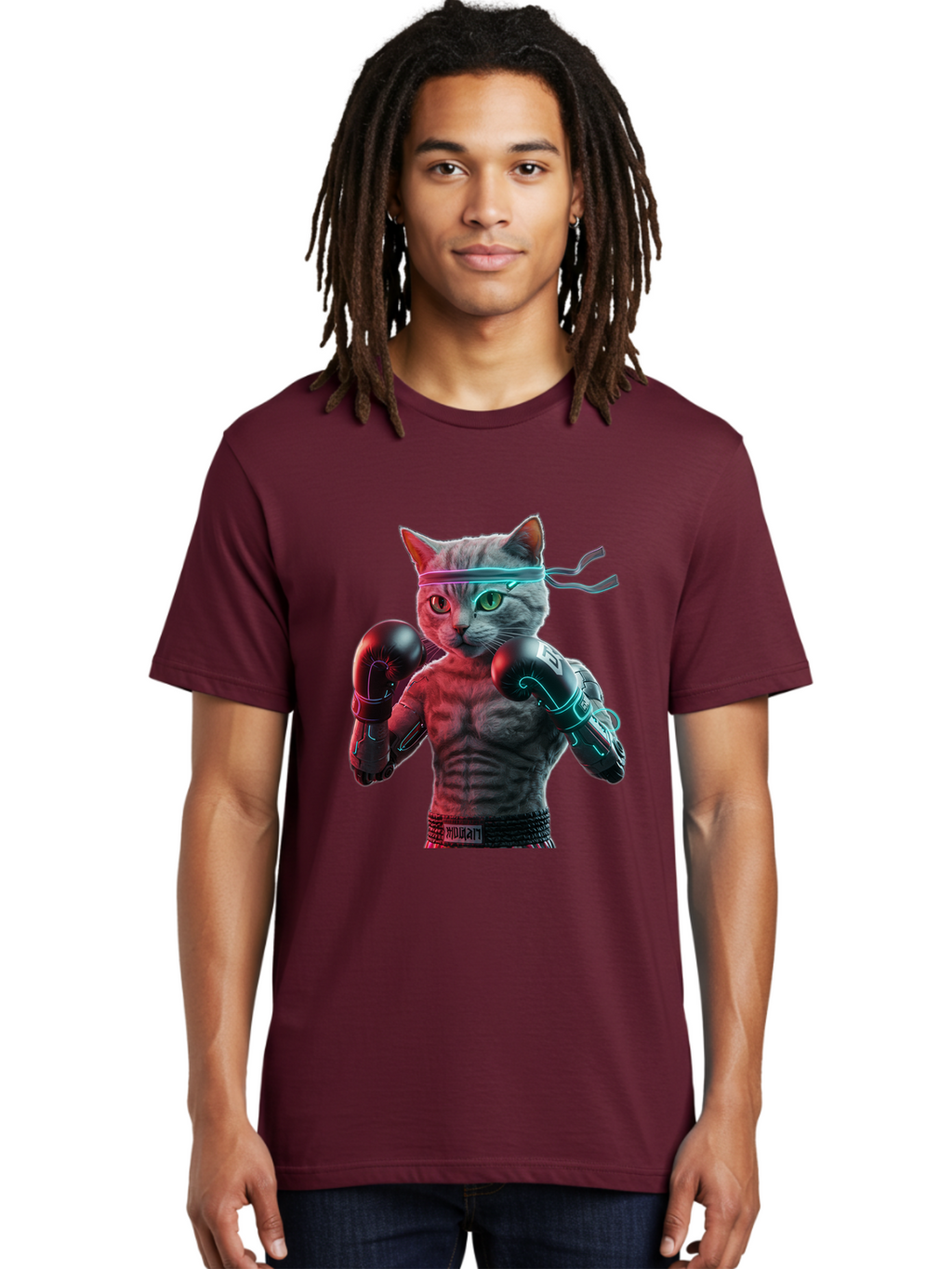 Futuristic-Cat-Boxer Men'S Graphic Tee, 100% Cotton, Comfortable Casual Summer Wear, Machine Washable, Cat Wearing Boxing Gloves, Futuristic Cat, Muscular Body, Cyberpunk Style, Neon Lights, Athletic Pose, Fighting Stance, Boxing Cat Bae455