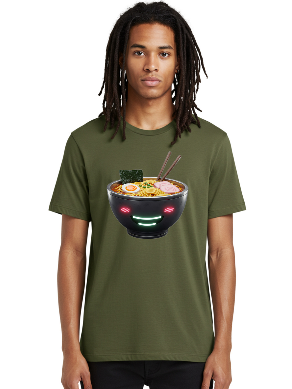 Glowing-Ramen Men'S Graphic Tee, 100% Cotton, Comfortable Casual Summer Wear, Machine Washable, Bowl Of Ramen, Steaming Hot Noodles, Sliced Pork, Boiled Egg, Seaweed, Chopsticks, Glowing Eyes, Futuristic Bowl, Cyberpunk Food, Neon Lights, Bae456