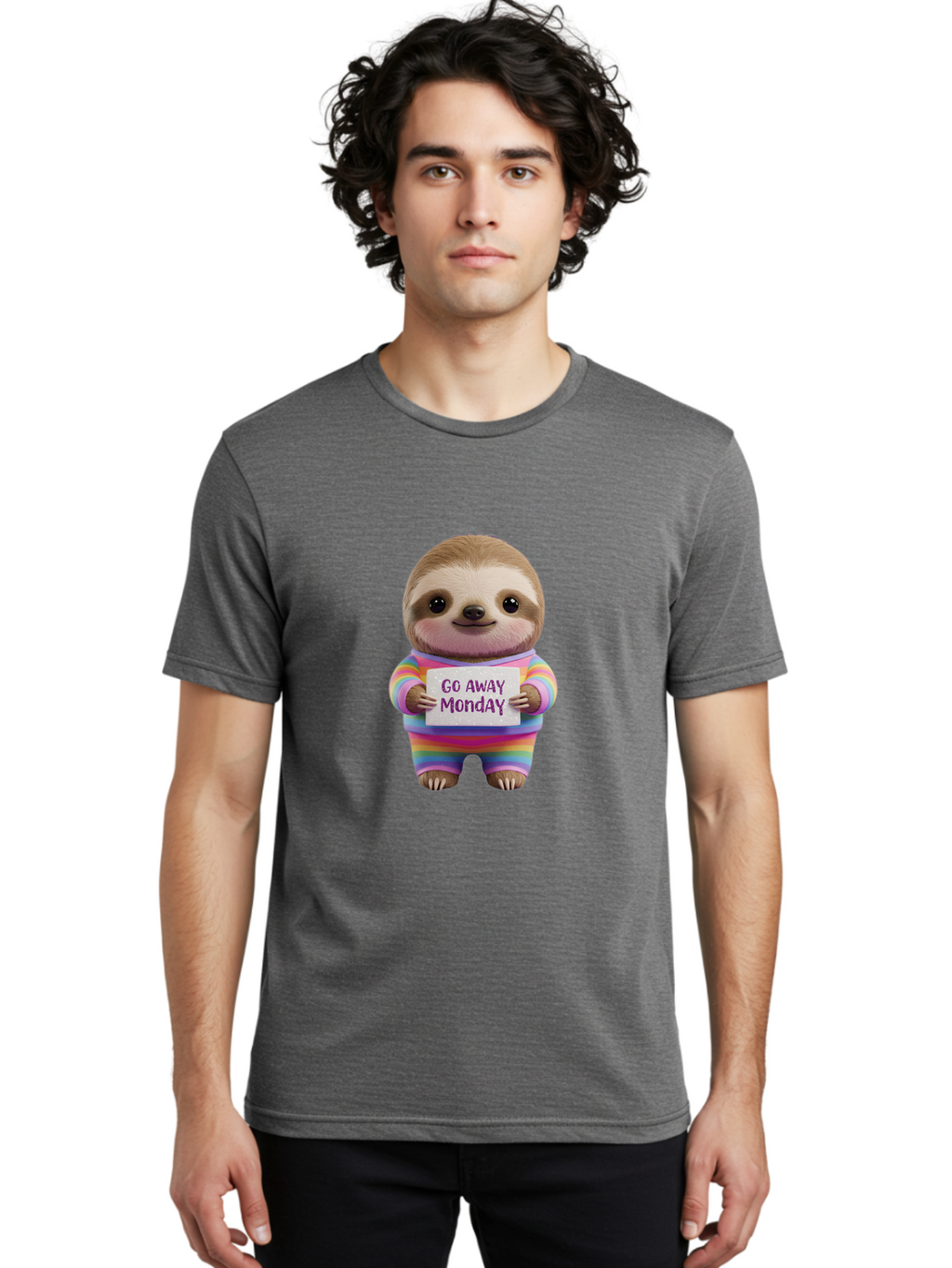 Go-Away-Monday-Sloth-1 Men'S Graphic Tee, 100% Cotton, Comfortable Casual Summer Wear, Machine Washable, Cute Sloth In Rainbow Pajamas, Holding Sign That Says Go Away Monday, Funny Cartoon Character, Humorous Illustration, Lazy Sloth, Bae457