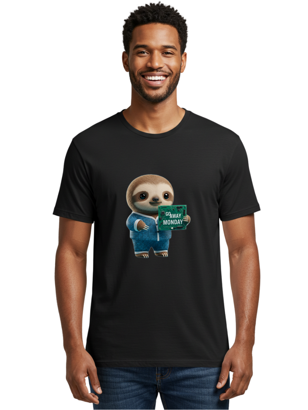 Go-Away-Monday-Sloth-2 Men'S Graphic Tee, 100% Cotton, Comfortable Casual Summer Wear, Machine Washable, Funny Sloth In Pajamas, Lazy Sloth Mascot, Cartoon Character Holding Sign, Go Away Monday, Humorous Illustration, Monday Motivation, Bae458