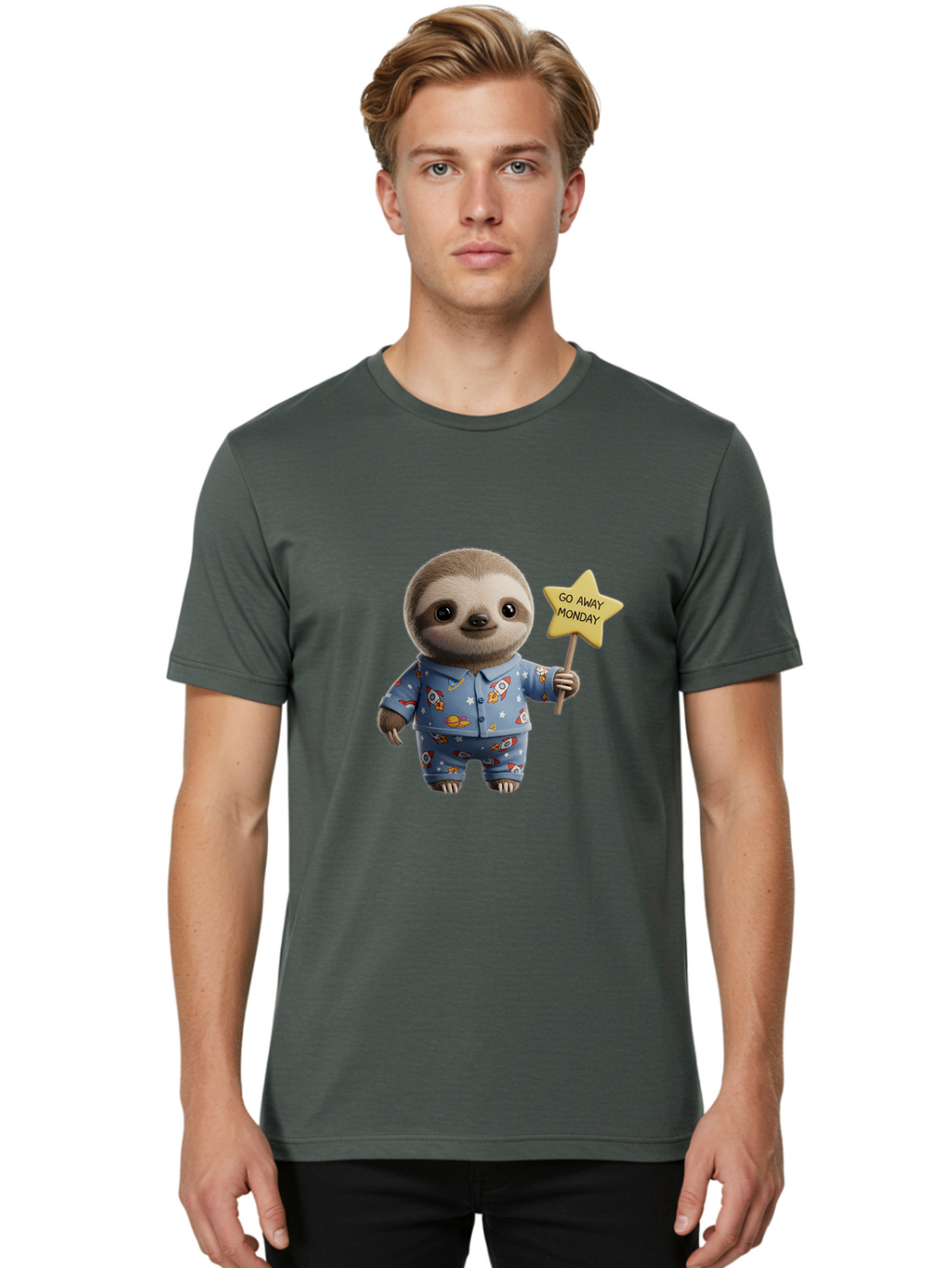 Go-Away-Monday-Sloth-3 Men'S Graphic Tee, 100% Cotton, Comfortable Casual Summer Wear, Machine Washable, Cute Sloth, Funny Sloth, Sloth In Pajamas, Space Themed, Cartoon Character, Go Away Monday Sign, Humorous Illustration, Quirky Design, Bae459