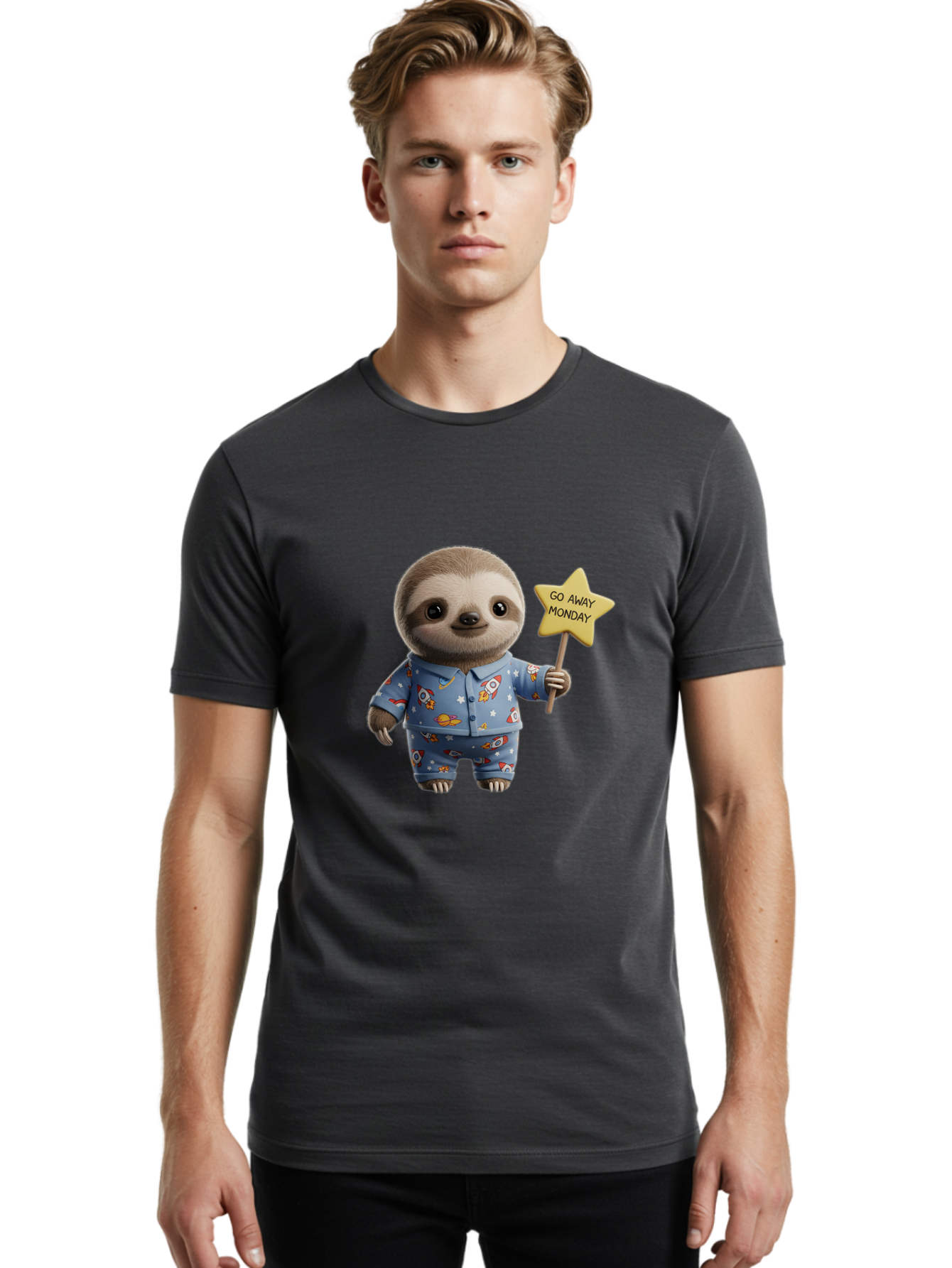 Go-Away-Monday-Sloth-3 Men'S Graphic Tee, 100% Cotton, Comfortable Casual Summer Wear, Machine Washable, Cute Sloth, Funny Sloth, Sloth In Pajamas, Space Themed, Cartoon Character, Go Away Monday Sign, Humorous Illustration, Quirky Design, Bae459